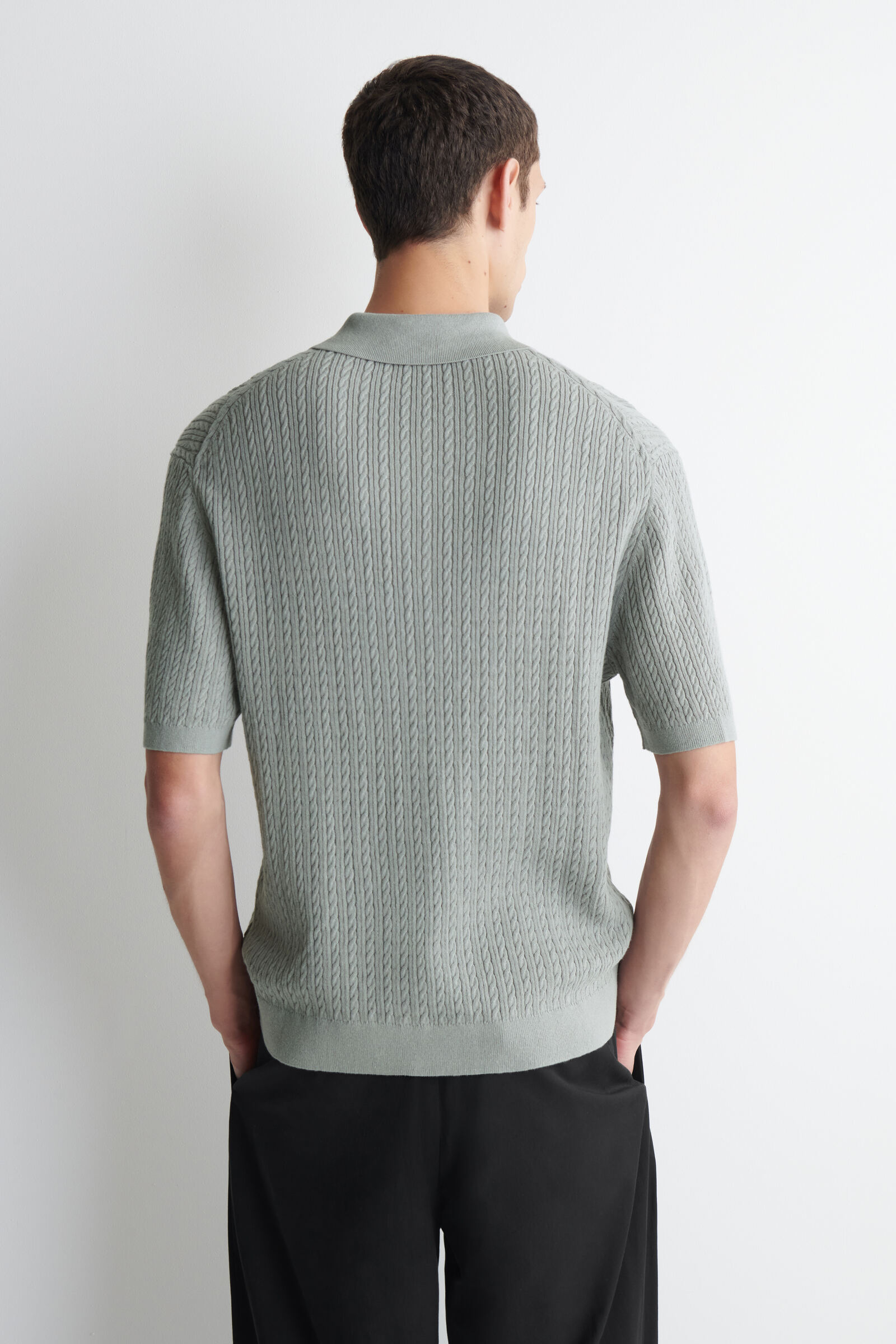 CABaN 24SSストレッチコットン カットソー ポロシャツ グレー L CABLE-KNIT COTTON-LINEN POLO SHIRT ケーブルニット コットンリネン