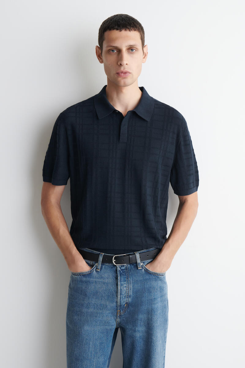 COS コス コットンシルク パッチワーク ニットポロシャツ CHECKED JACQUARD-KNIT POLO SHIRT チェック柄 ジャカードニット