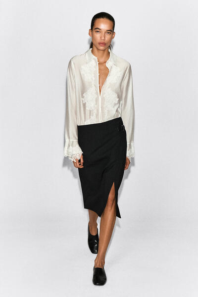 LEATHER-BELT WOOL-TWILL MIDI SKIRT