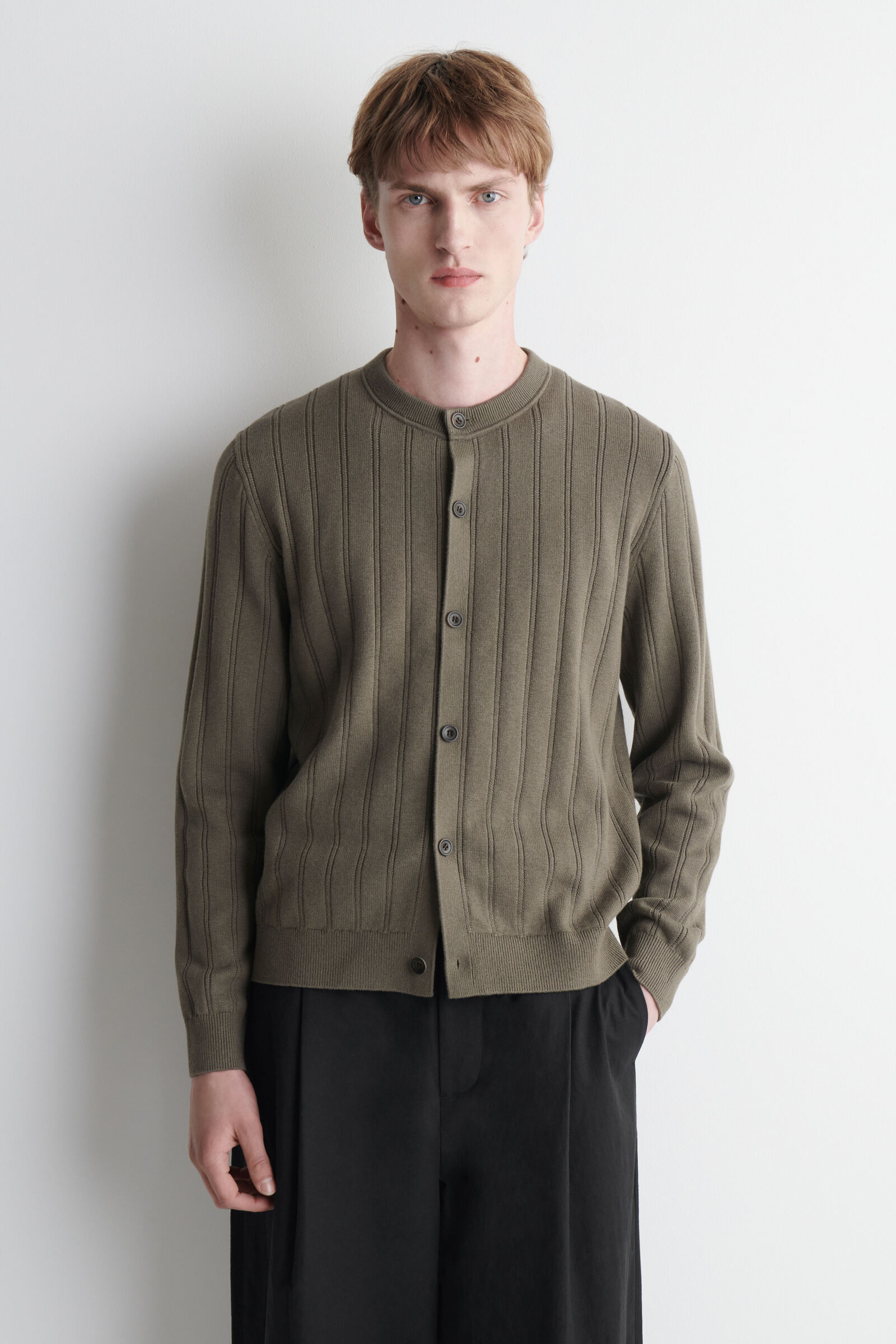 RIBBED WOOL-COTTON CARDIGAN リブウールコットンカーディガン カーキ