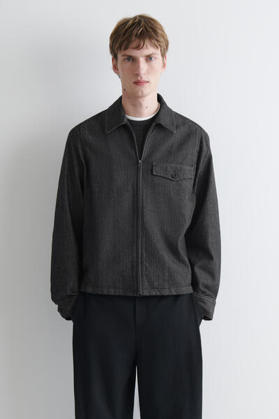 PINSTRIPED DENIM ZIP-UP OVERSHIRT