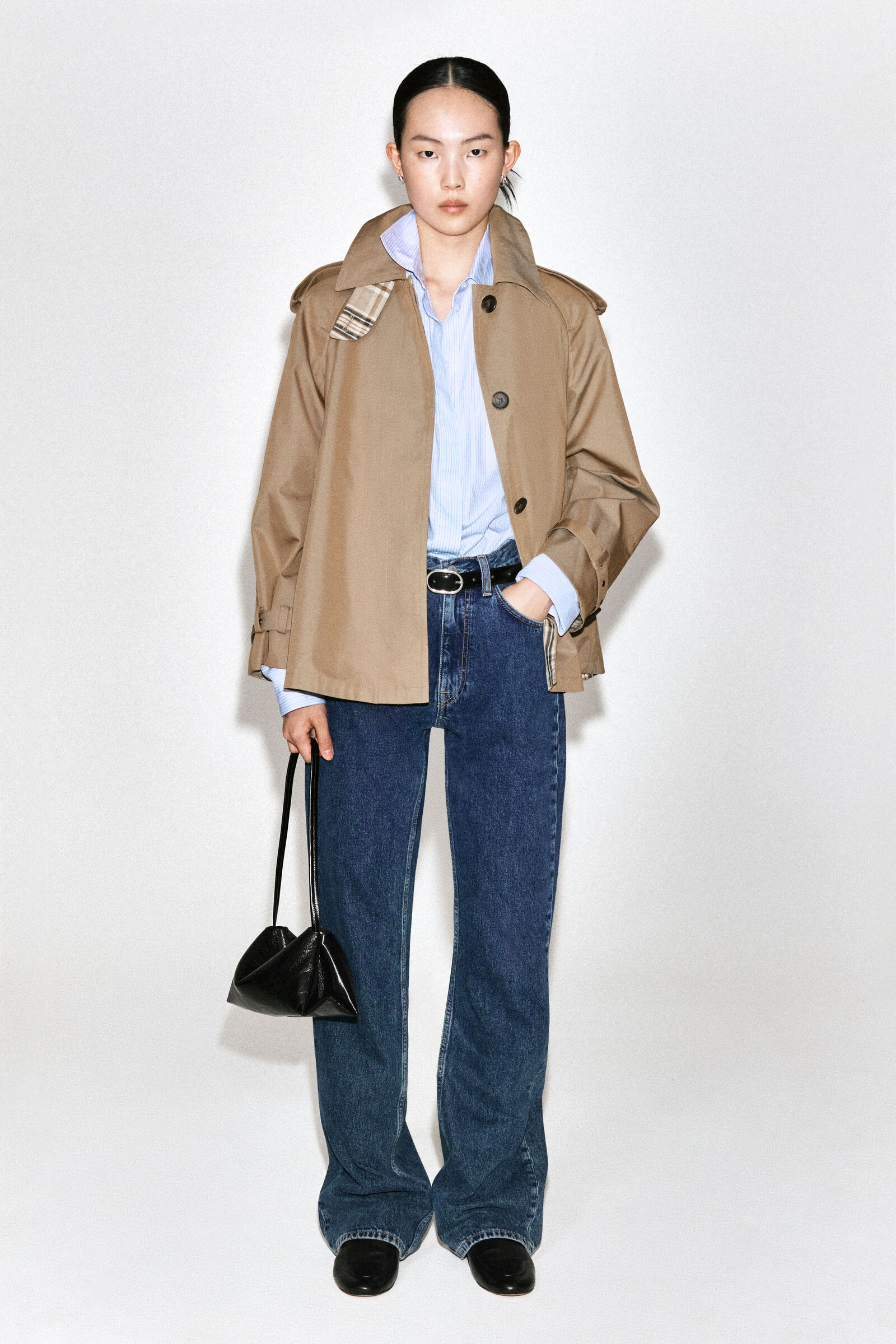 CHECK-DETAIL COTTON SHORT TRENCH JACKET チェックディテール