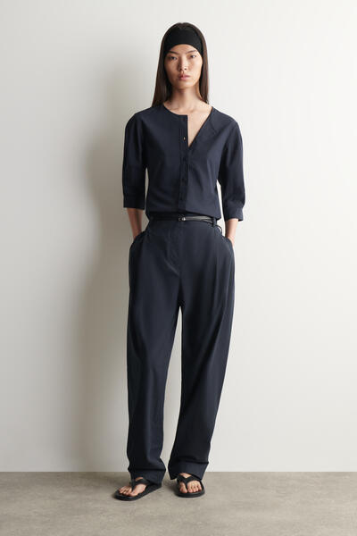COTTON-BLEND BARREL-LEG TROUSERS