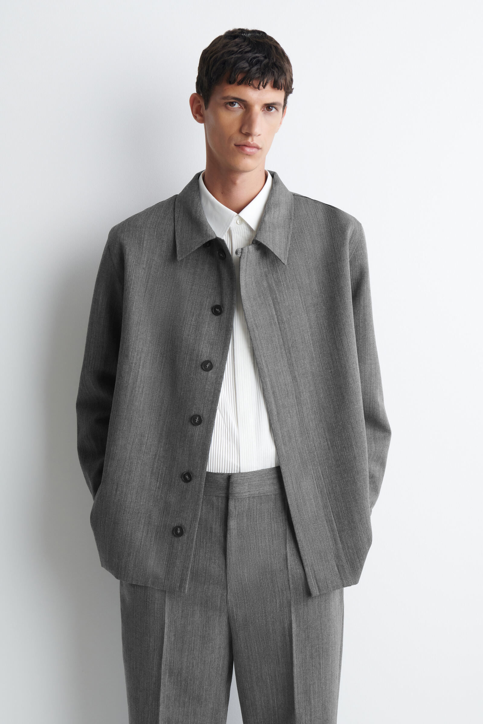 COMMEdesGARCONシャツグレー ウール混紡メタルボタン付ジャケット M PLACKET-DETAIL WOOL SHIRT プラケットディテール ウールシャツ