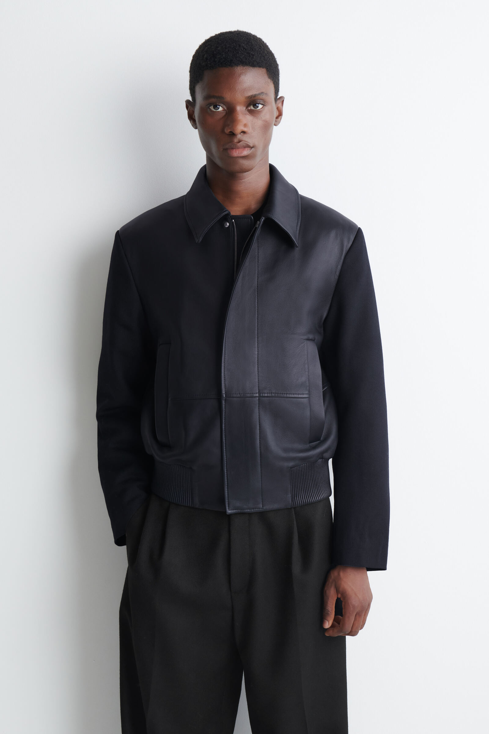 LEATHER-PANELLED WOOL BOMBER JACKET レザーパネル ウール ボンバー