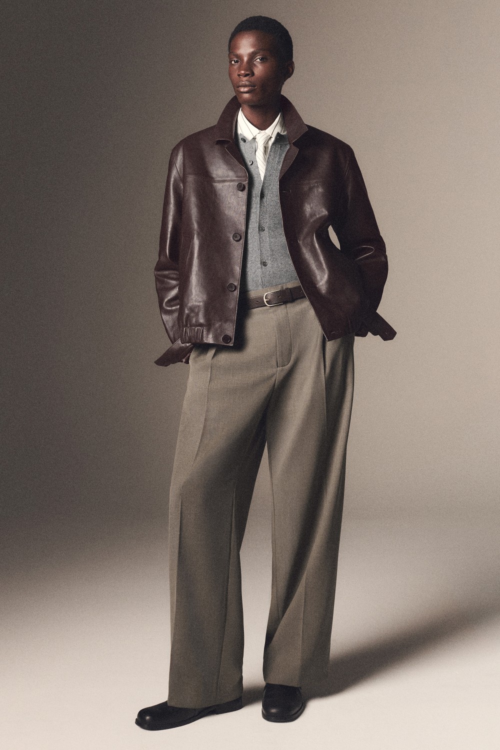 LEATHER BLAZER BOMBER JACKETBROWN