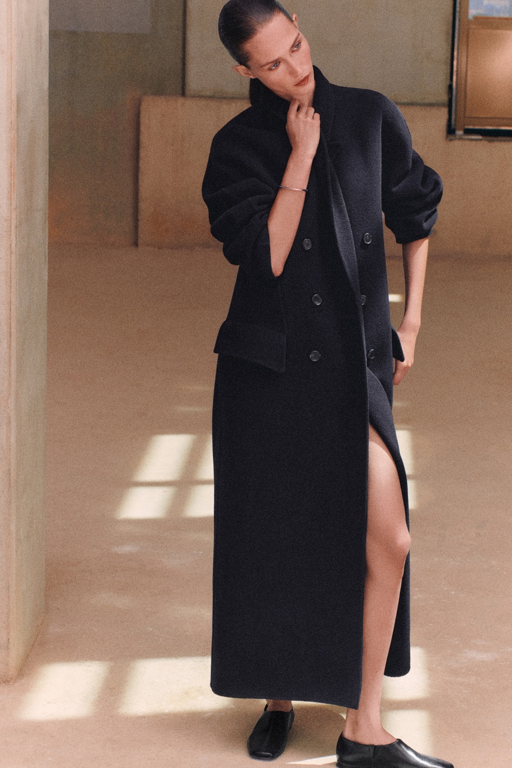 TAILORED DOUBLE-FACED WOOL-BLEND LONG COATNAVY