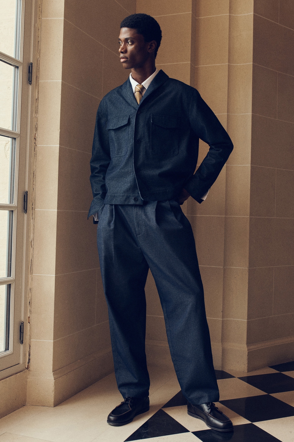 SHAWL-COLLAR DENIM-EFFECT OVERSHIRTINDIGO