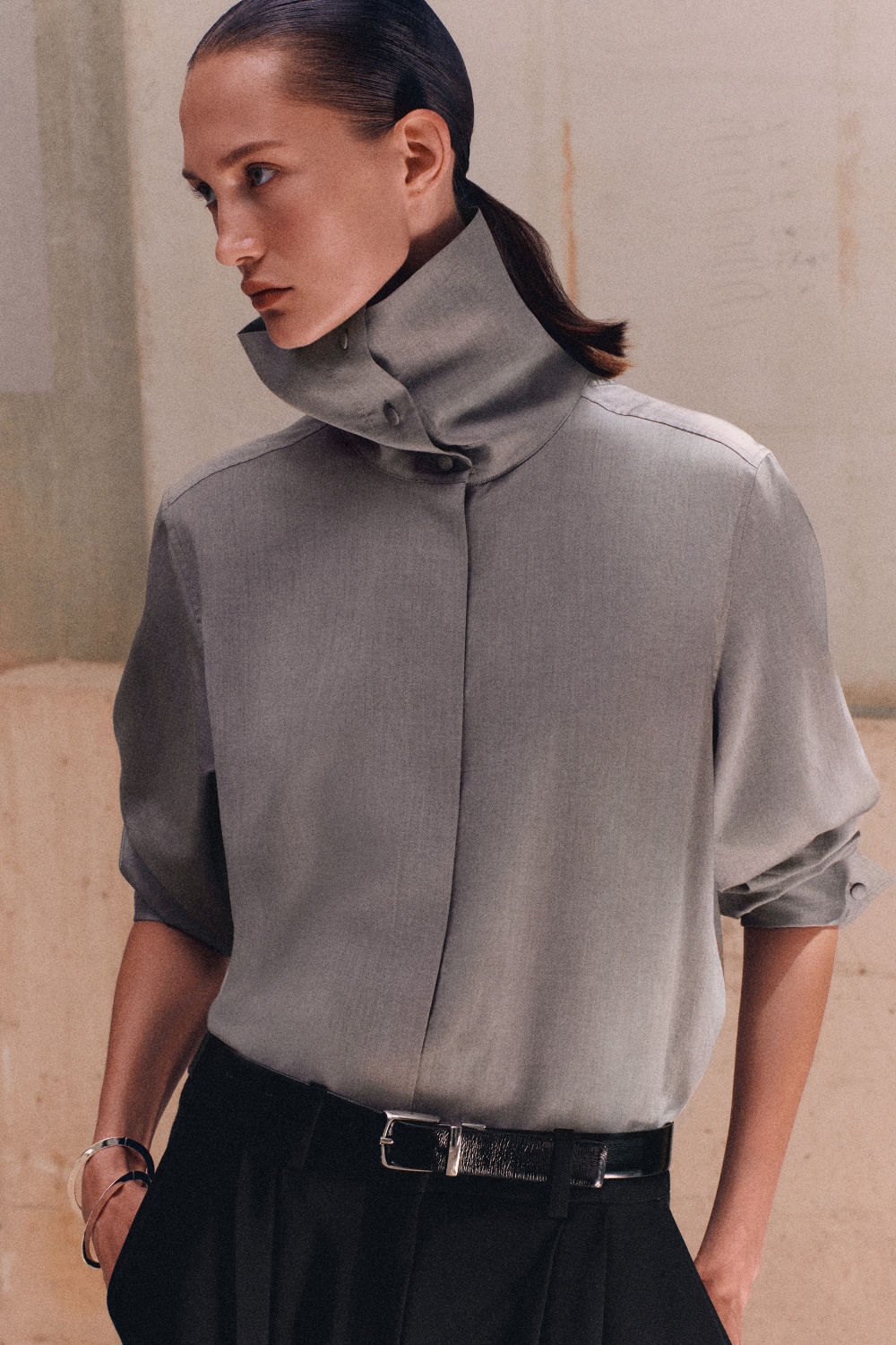 FUNNEL-NECK LYOCELL-COTTON SHIRTMAUVE
