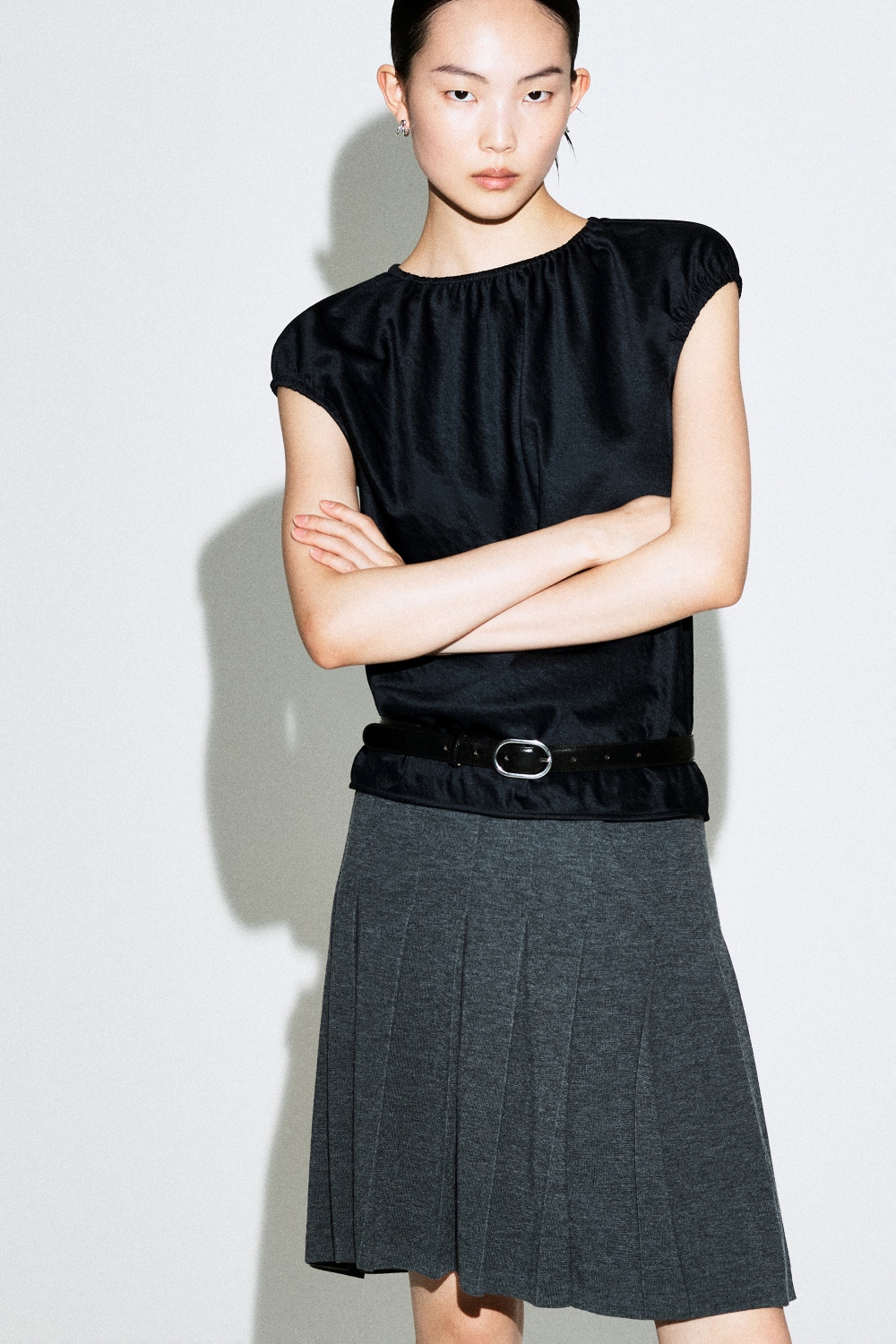 GATHERED CRINKLED-SATIN TOPNAVY