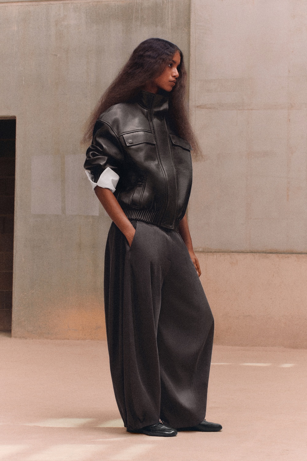 LEATHER FUNNEL-NECK BOMBER JACKETBLACK