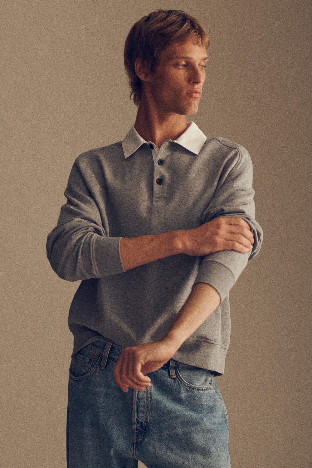 CONTRAST-COLLAR JERSEY POLO SHIRTGREY MÉLANGE