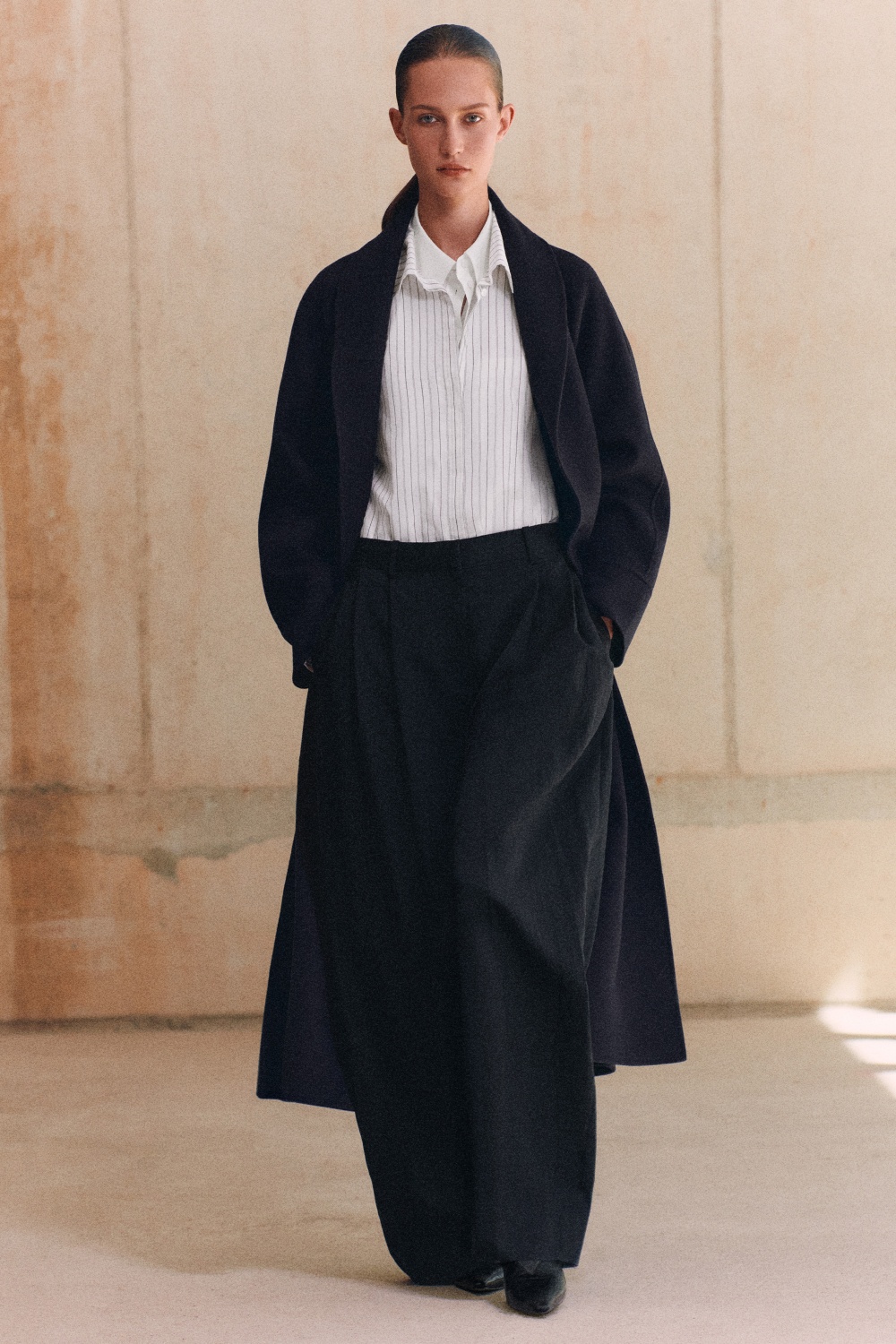 SHAWL-COLLAR DOUBLE-FACED WOOL LONG COATNAVY