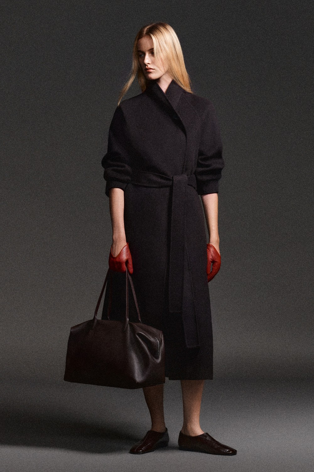 SHAWL-COLLAR DOUBLE-FACED WOOL LONG COATDARK BROWN
