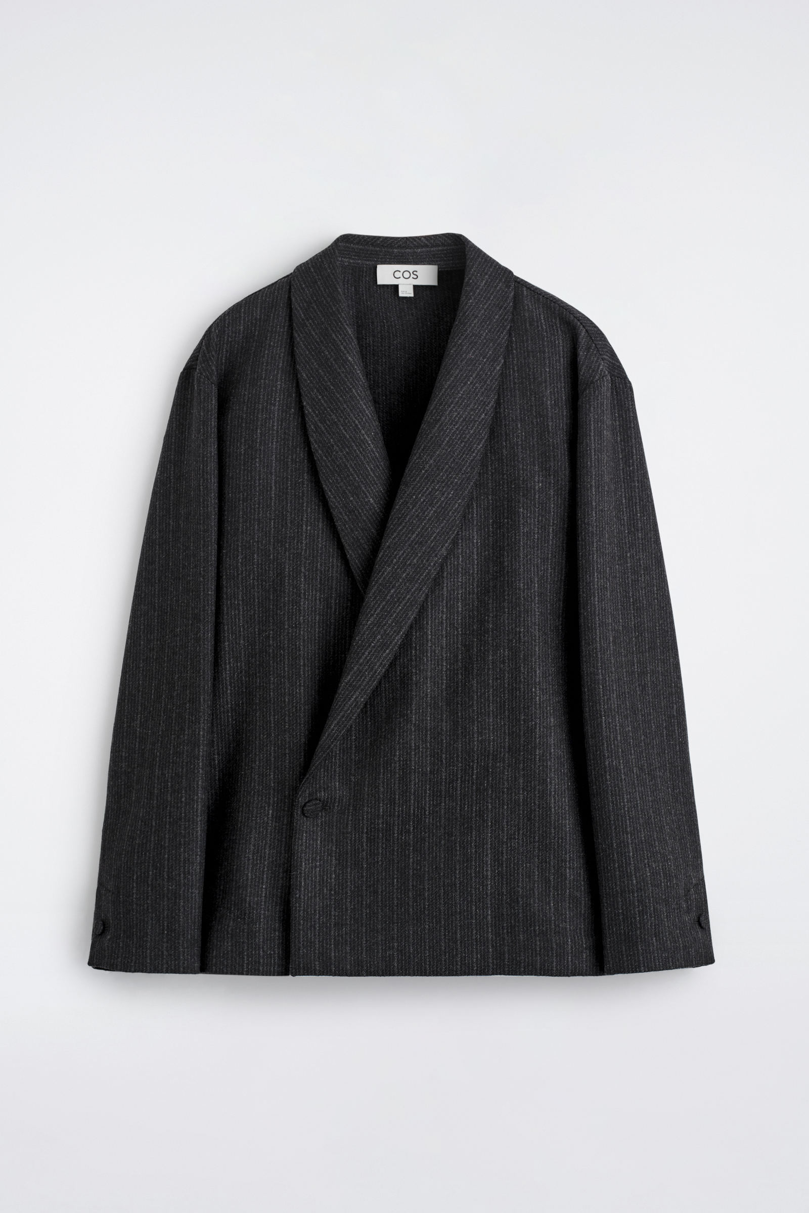 PINSTRIPED WOOL WRAP BLAZERGREY / PINSTRIPED