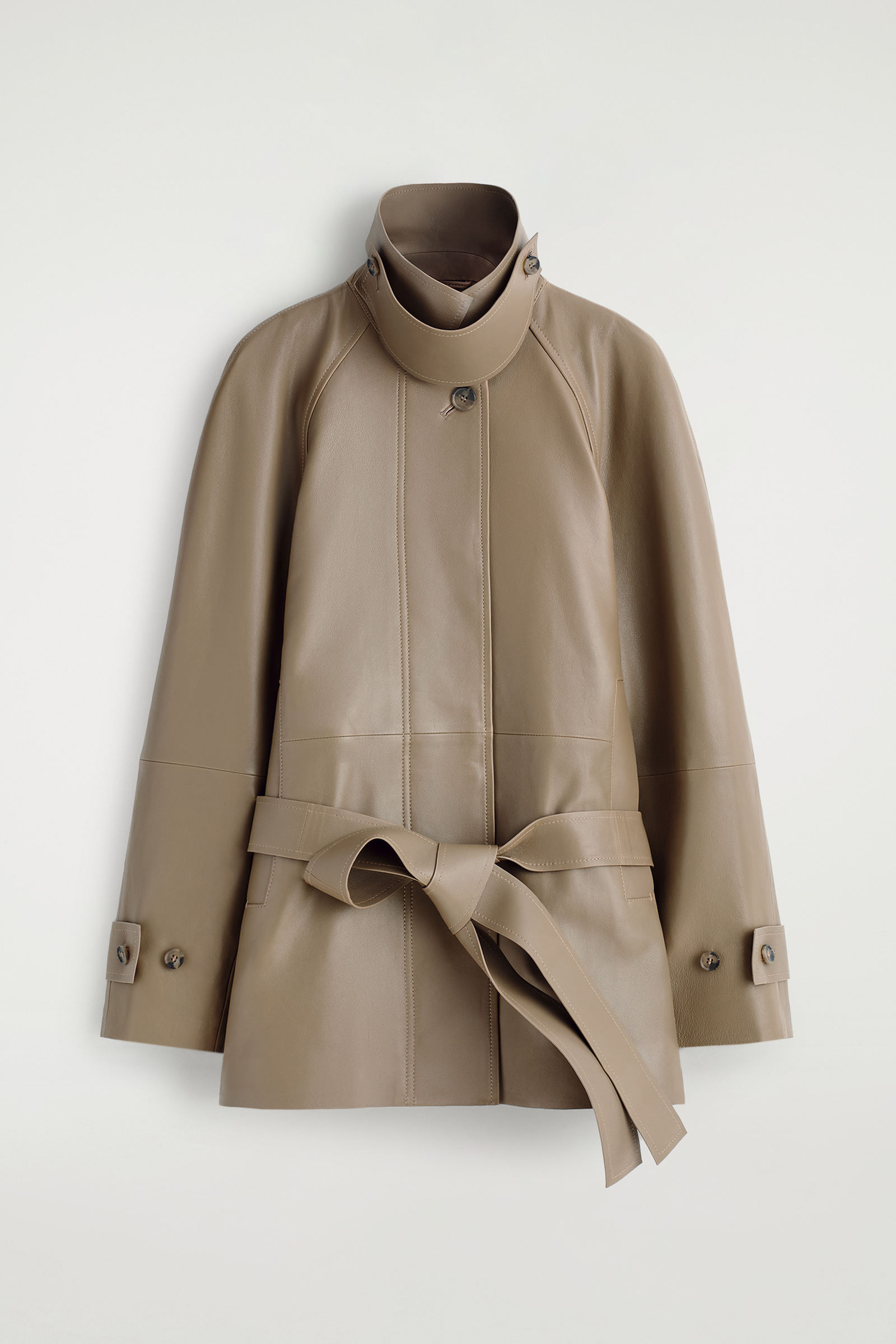 FUNNEL-NECK LEATHER SHORT TRENCH JACKETBEIGE