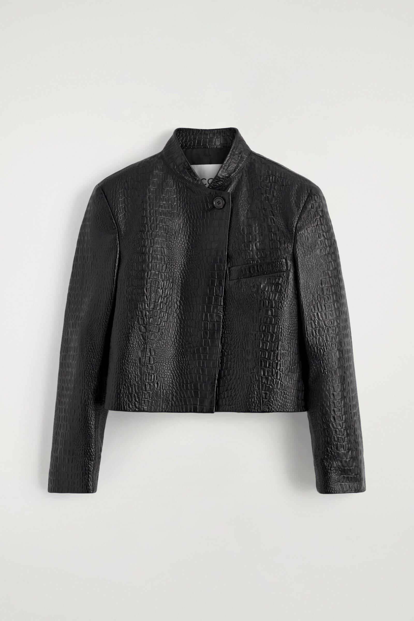 CROPPED CROC-EFFECT LEATHER BLAZERBLACK