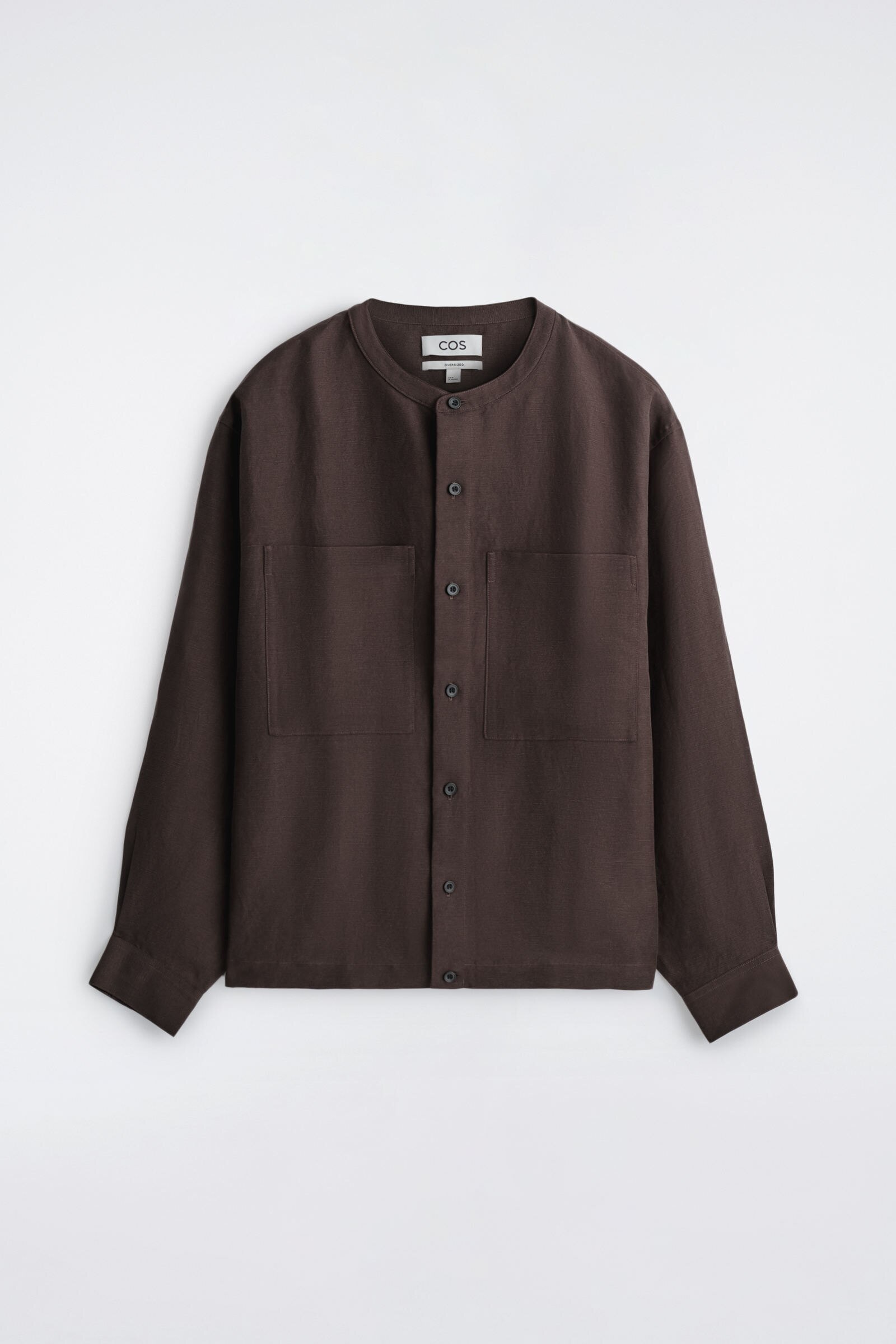 OVERSIZED GRANDAD-COLLAR LINEN SHIRTDARK BROWN