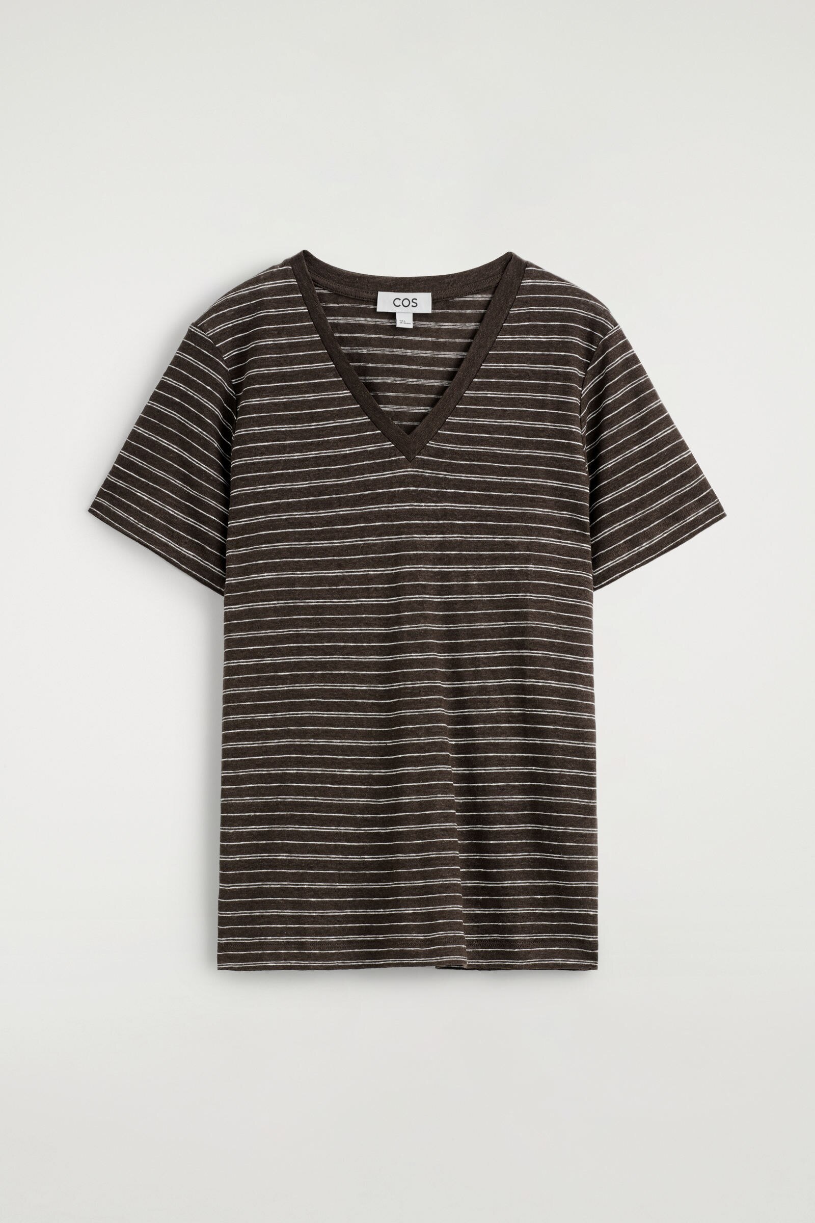 V-NECK LINEN T-SHIRTBROWN / WHITE / STRIPED