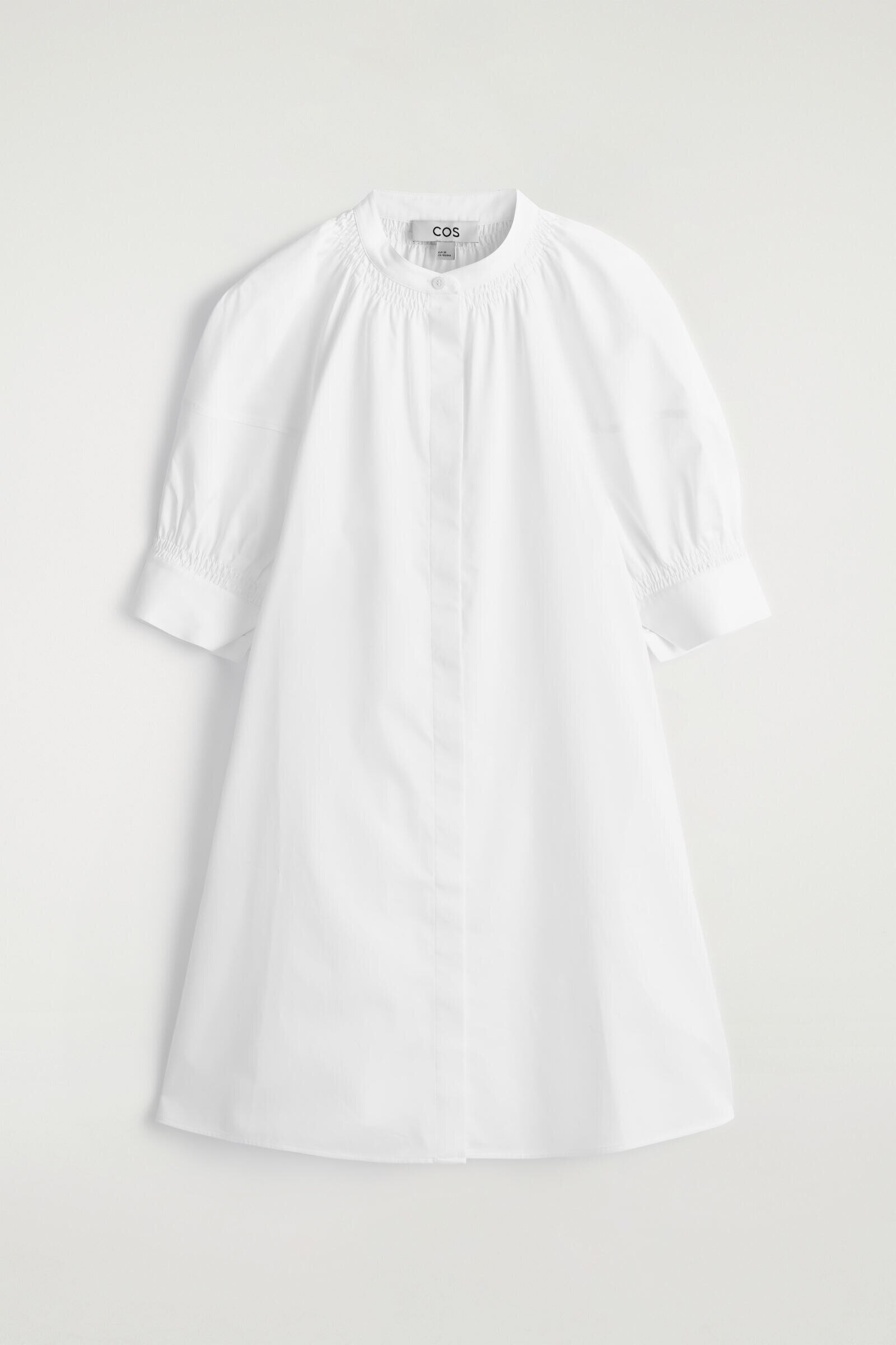 SMOCKED PUFF-SLEEVE SHIRT DRESSWHITE