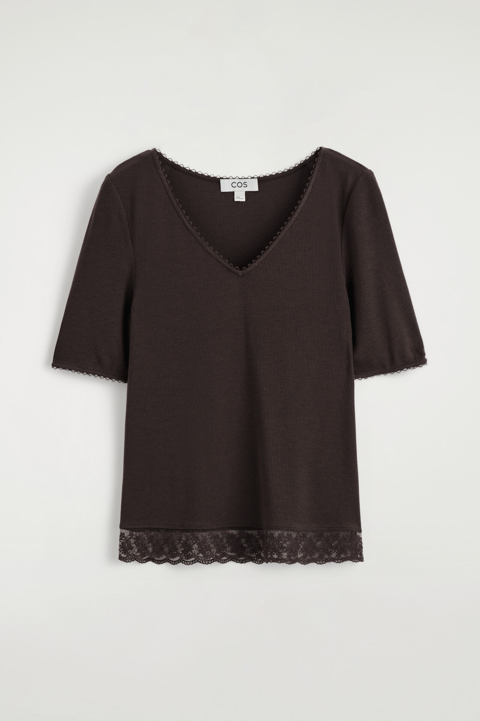 LACE-TRIMMED RIBBED V-NECK T-SHIRTDARK BROWN