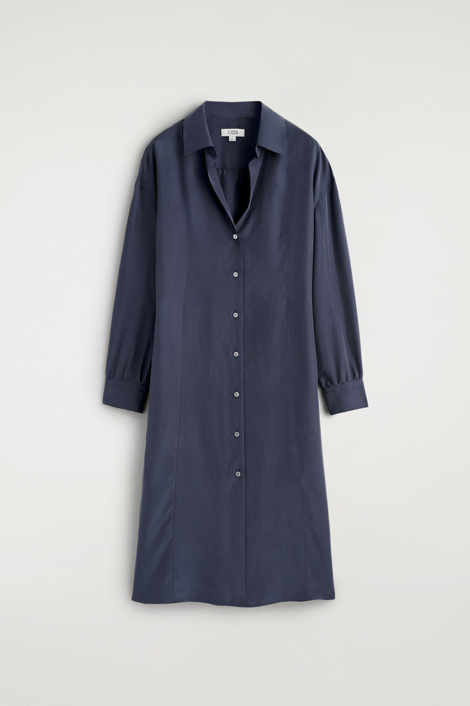 GATHERED WASHED-SILK MIDI SHIRT DRESSNAVY