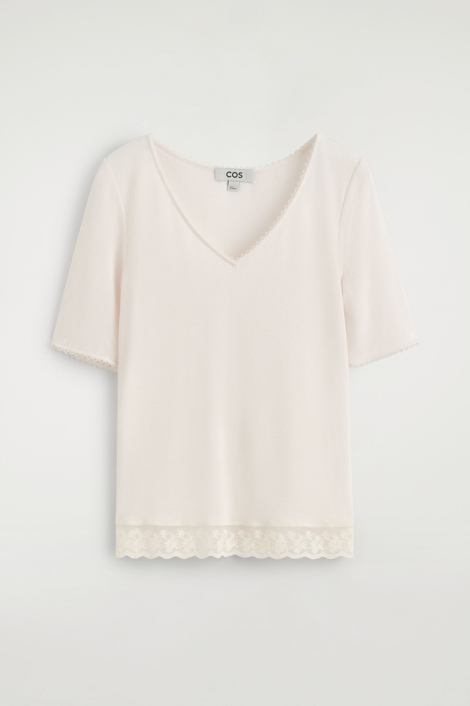 LACE-TRIMMED RIBBED V-NECK T-SHIRTWHITE