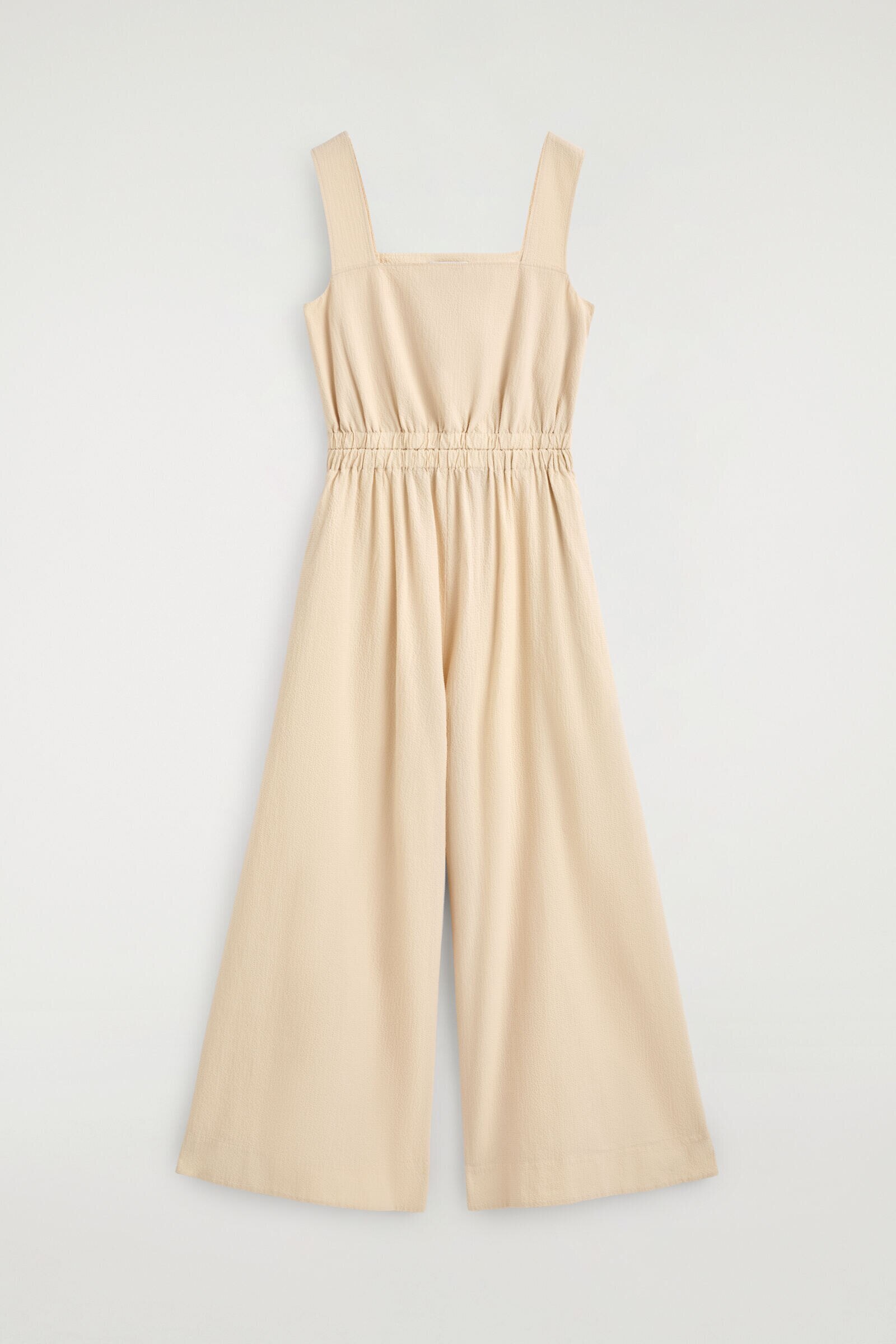 OPEN-BACK SEERSUCKER WIDE-LEG JUMPSUITECRU