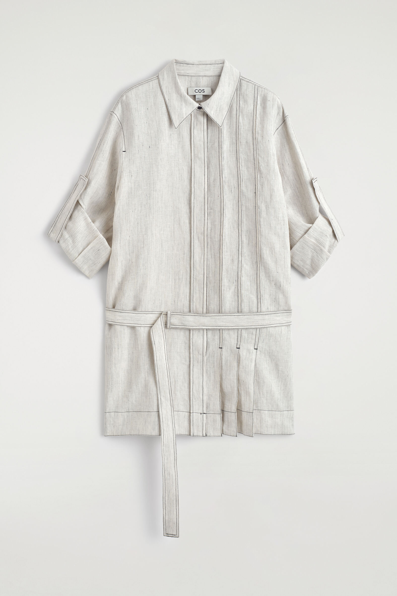 BELTED PLEATED LINEN MINI SHIRT DRESSLIGHT GREY