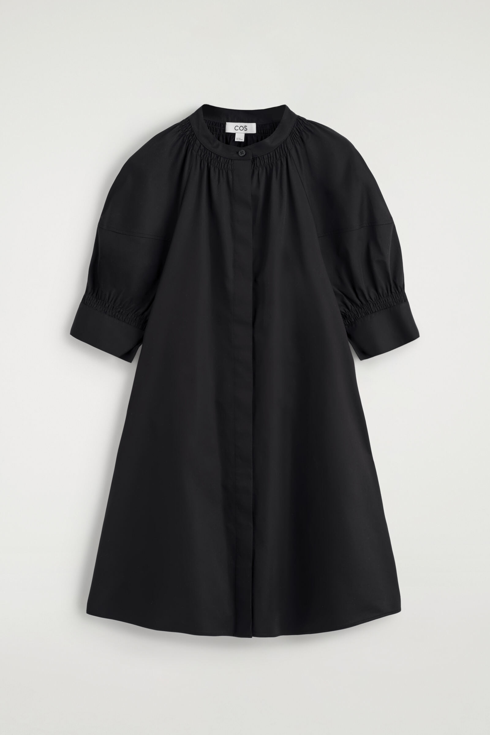 SMOCKED PUFF-SLEEVE SHIRT DRESSBLACK