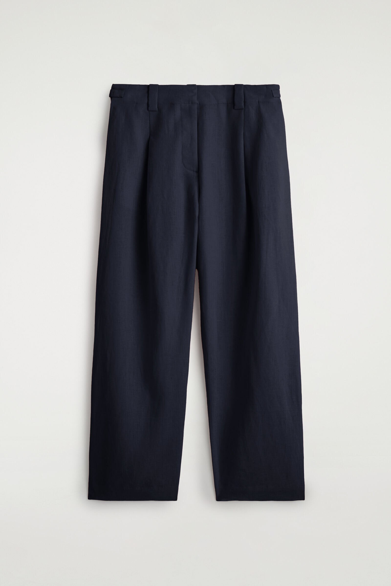 BUCKLE-DETAIL LINEN BARREL-LEG TROUSERSNAVY