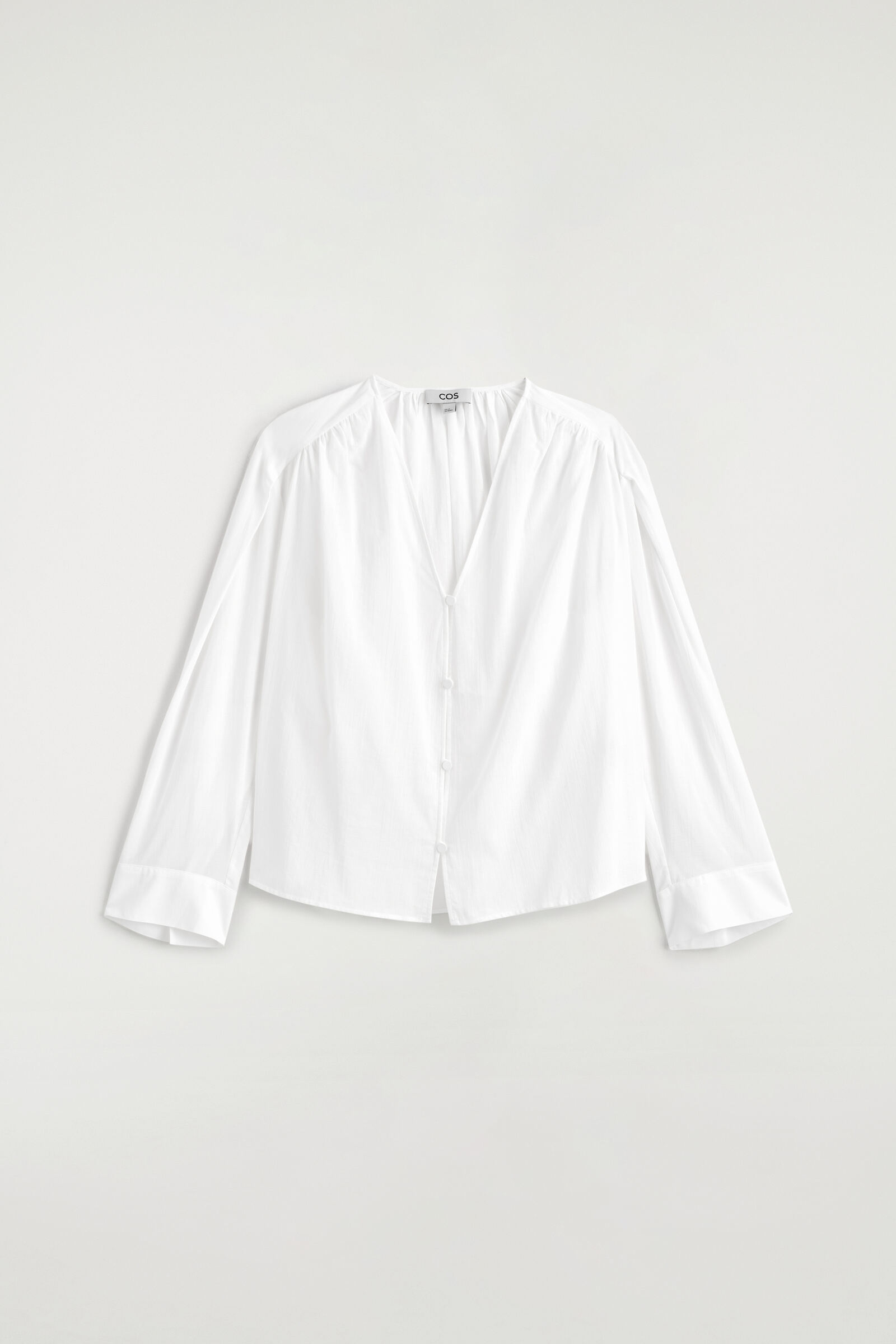 GATHERED LIGHTWEIGHT COTTON V-NECK SHIRTWHITE