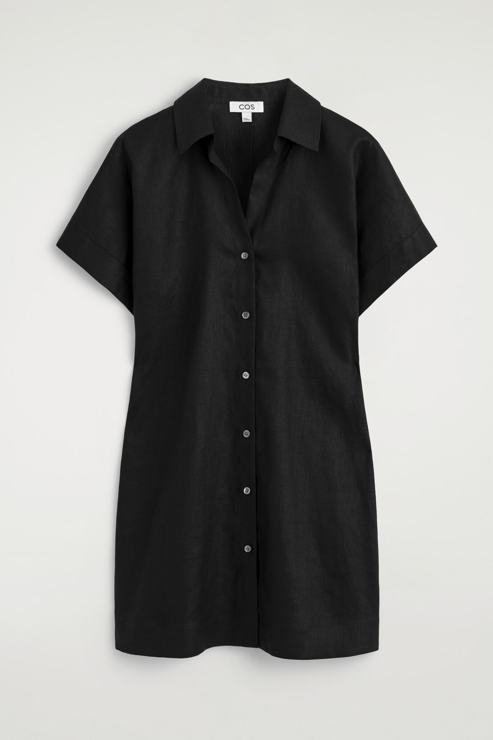 OPEN-COLLAR LINEN MINI SHIRT DRESSBLACK