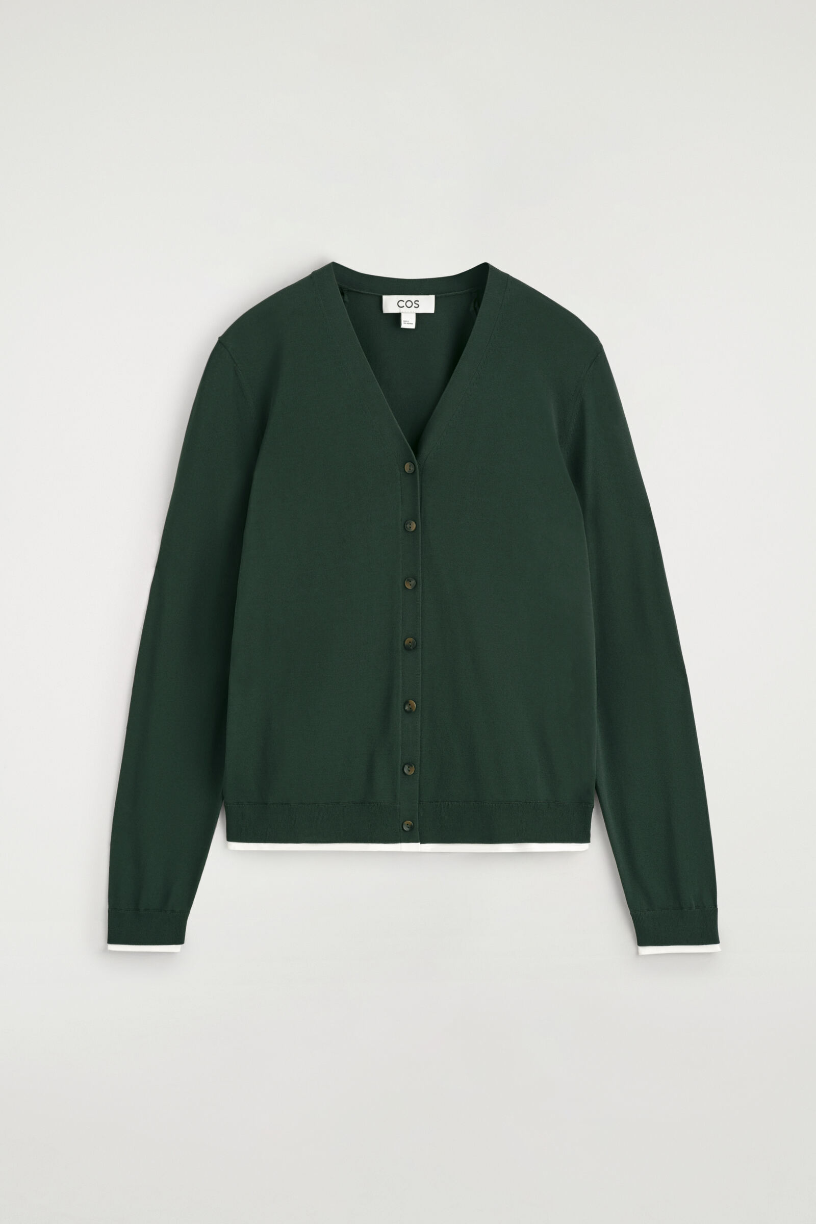 LAYERED-DETAIL KNITTED V-NECK CARDIGANDARK GREEN / WHITE