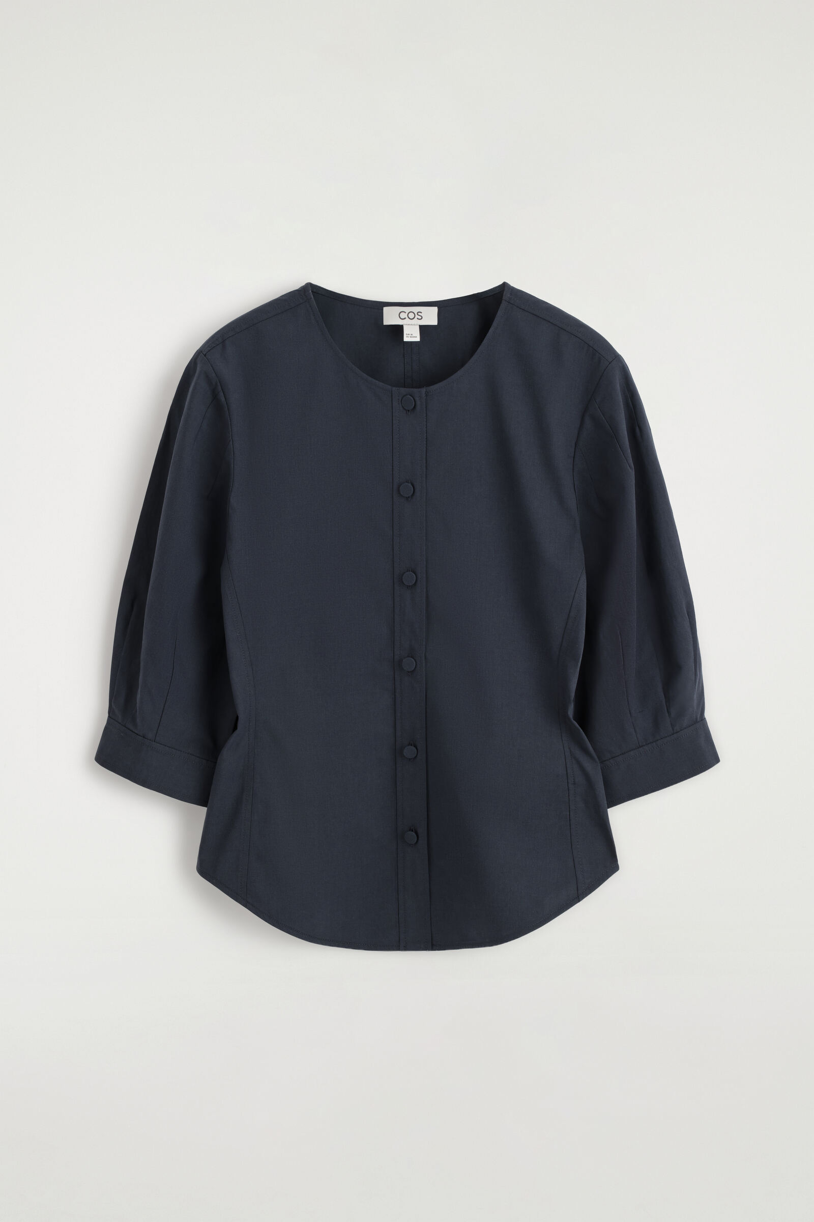 SCULPTED-SLEEVE COTTON-BLEND BLOUSENAVY