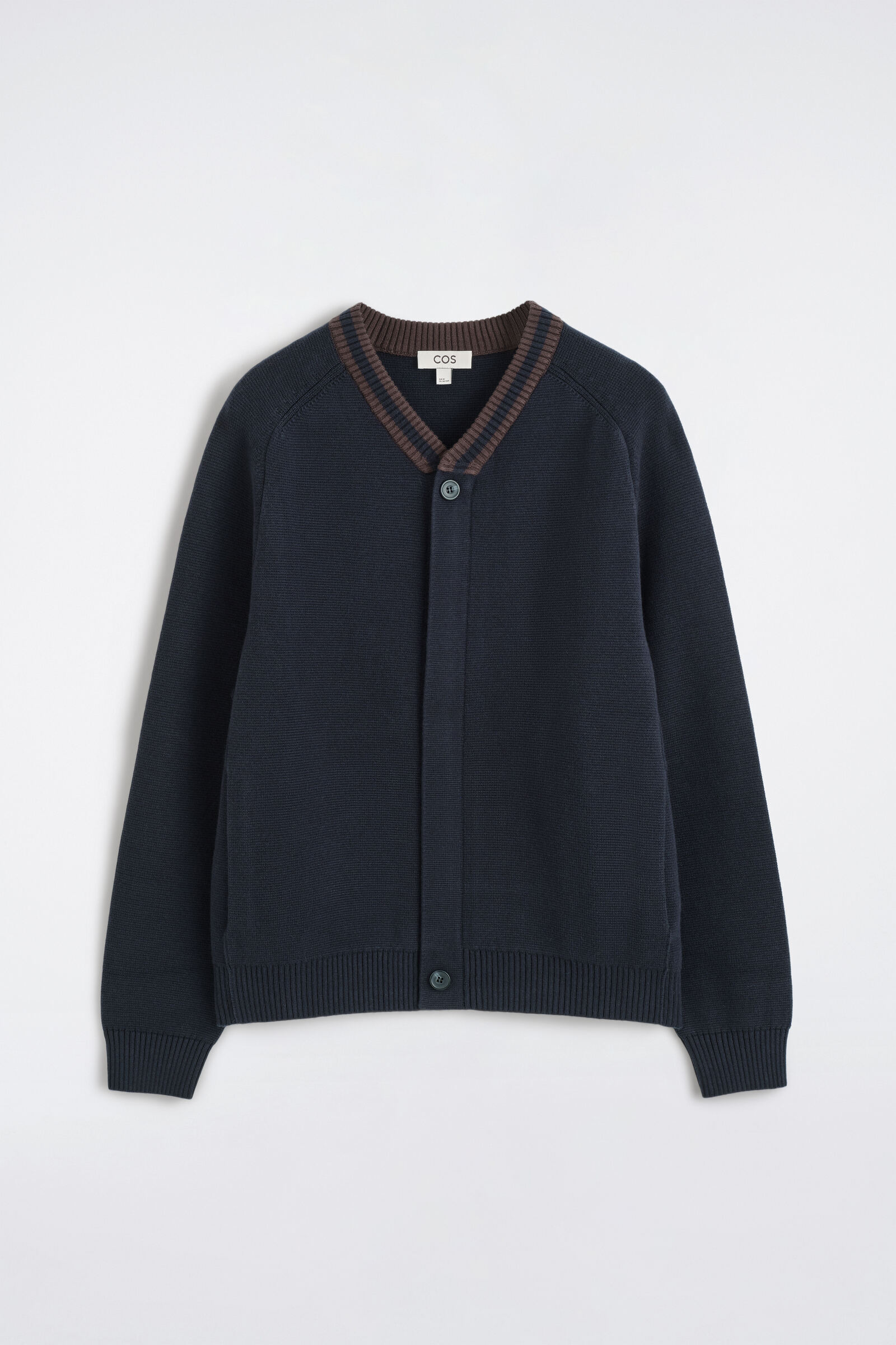 STRIPED-COLLAR COTTON-BLEND CARDIGANNAVY / BROWN