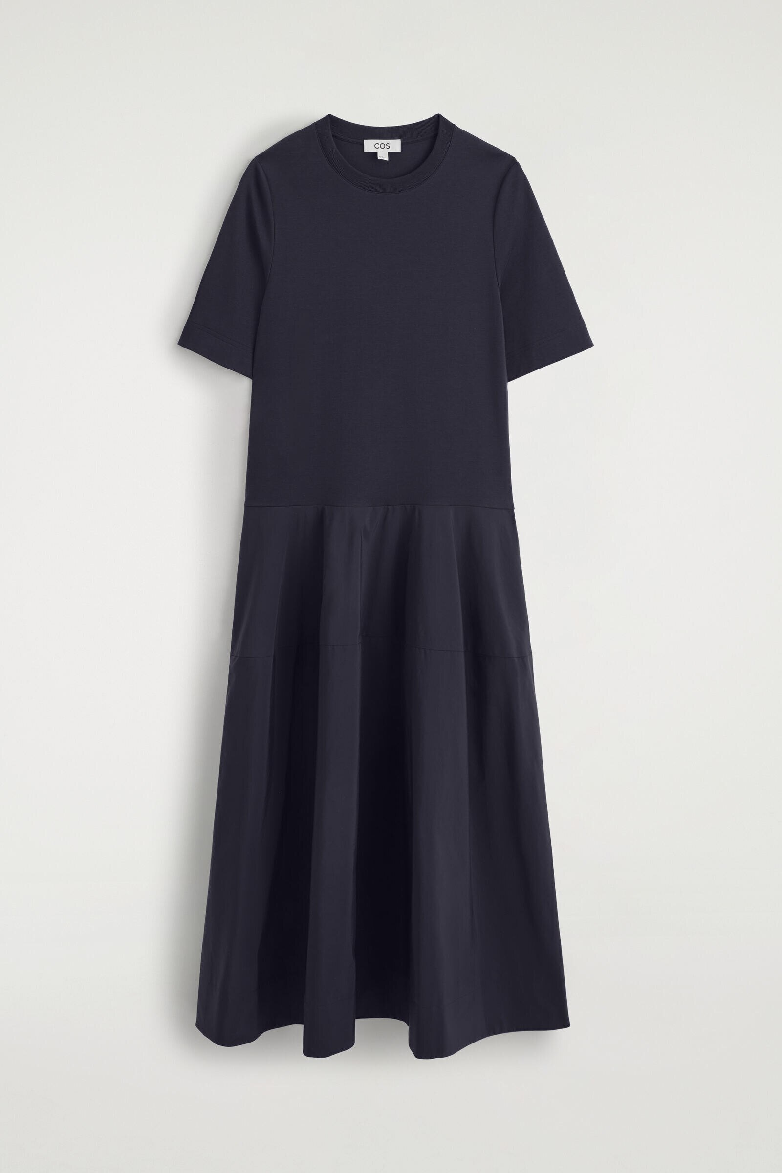 DROPPED-WAIST CONTRAST-PANEL MIDI DRESSNAVY