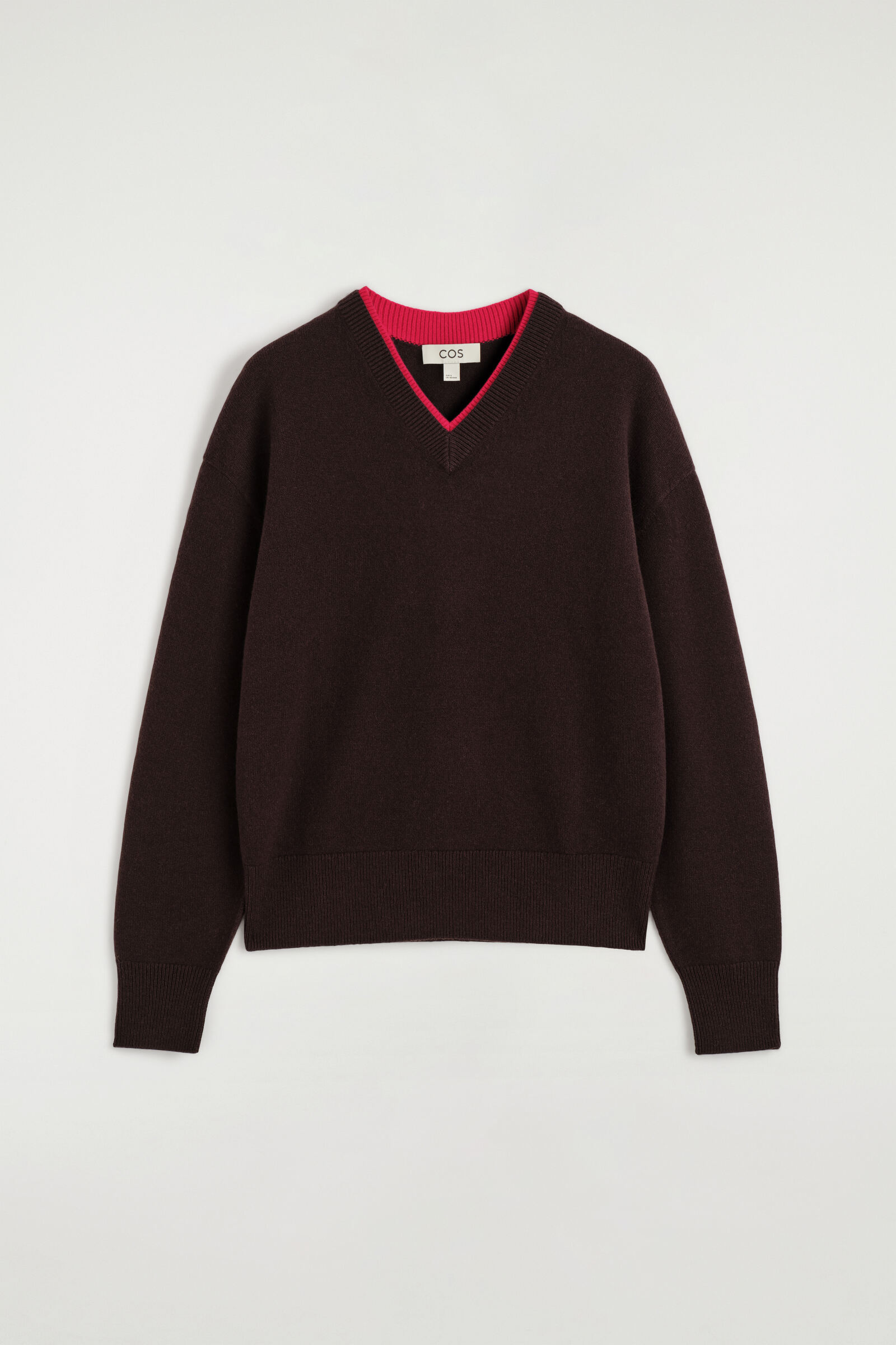 MERINO WOOL LAYERED V-NECK JUMPERBROWN / RED