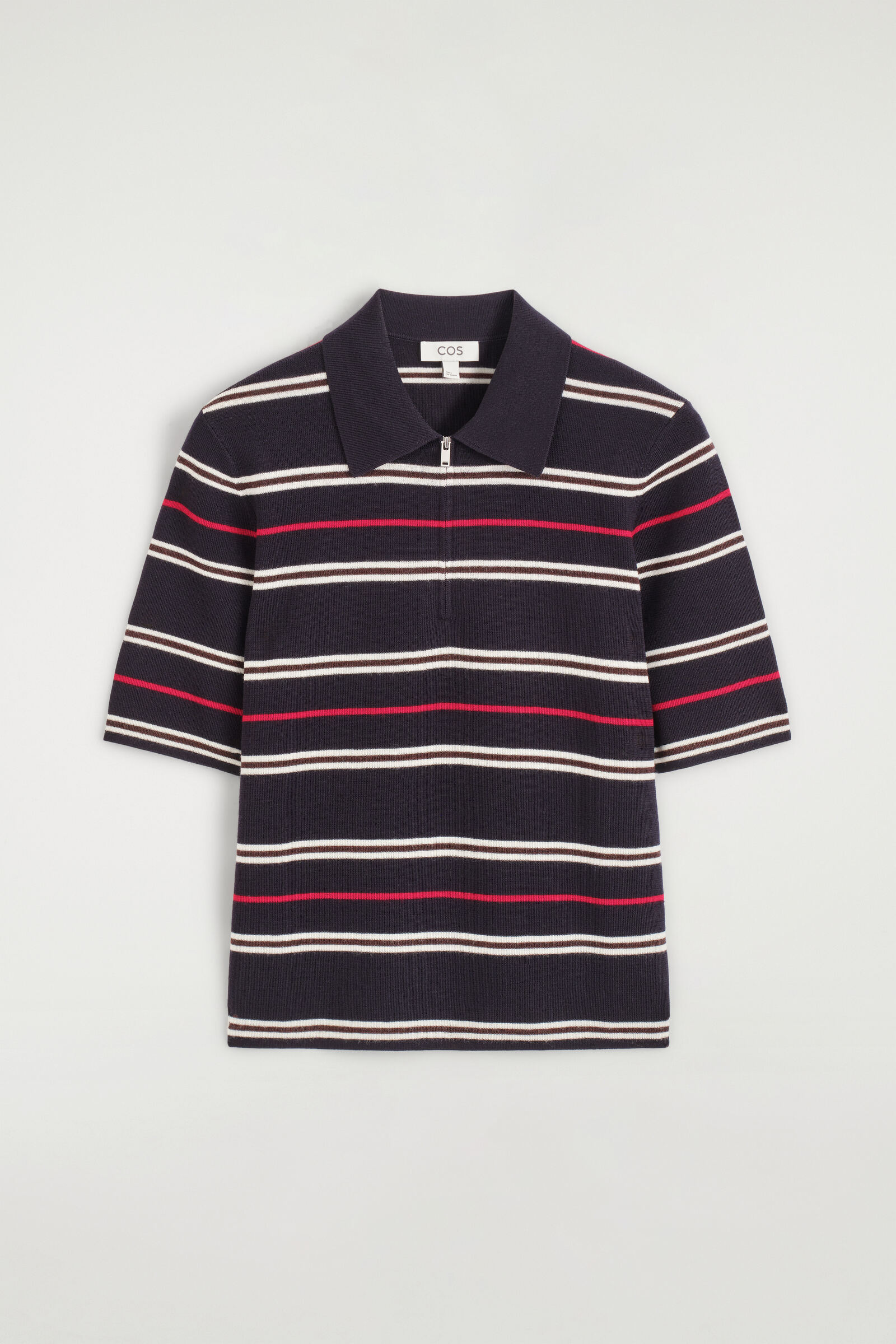 MERINO WOOL ZIP-UP POLO SHIRTNAVY / RED / STRIPED