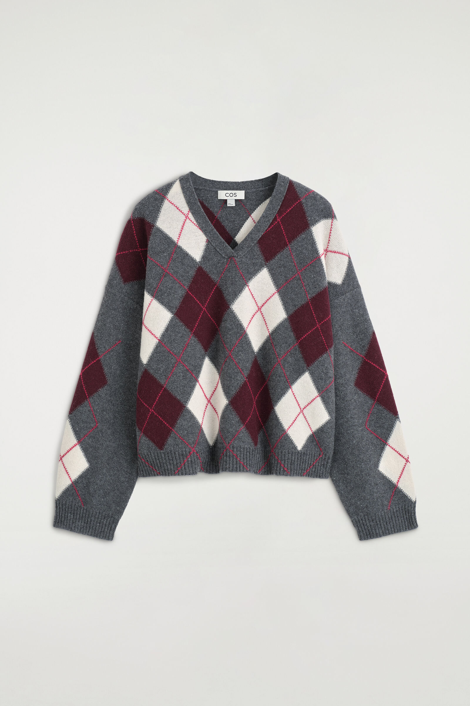 ARGYLE WOOL-ALPACA V-NECK JUMPERGREY / RED / CHECKED