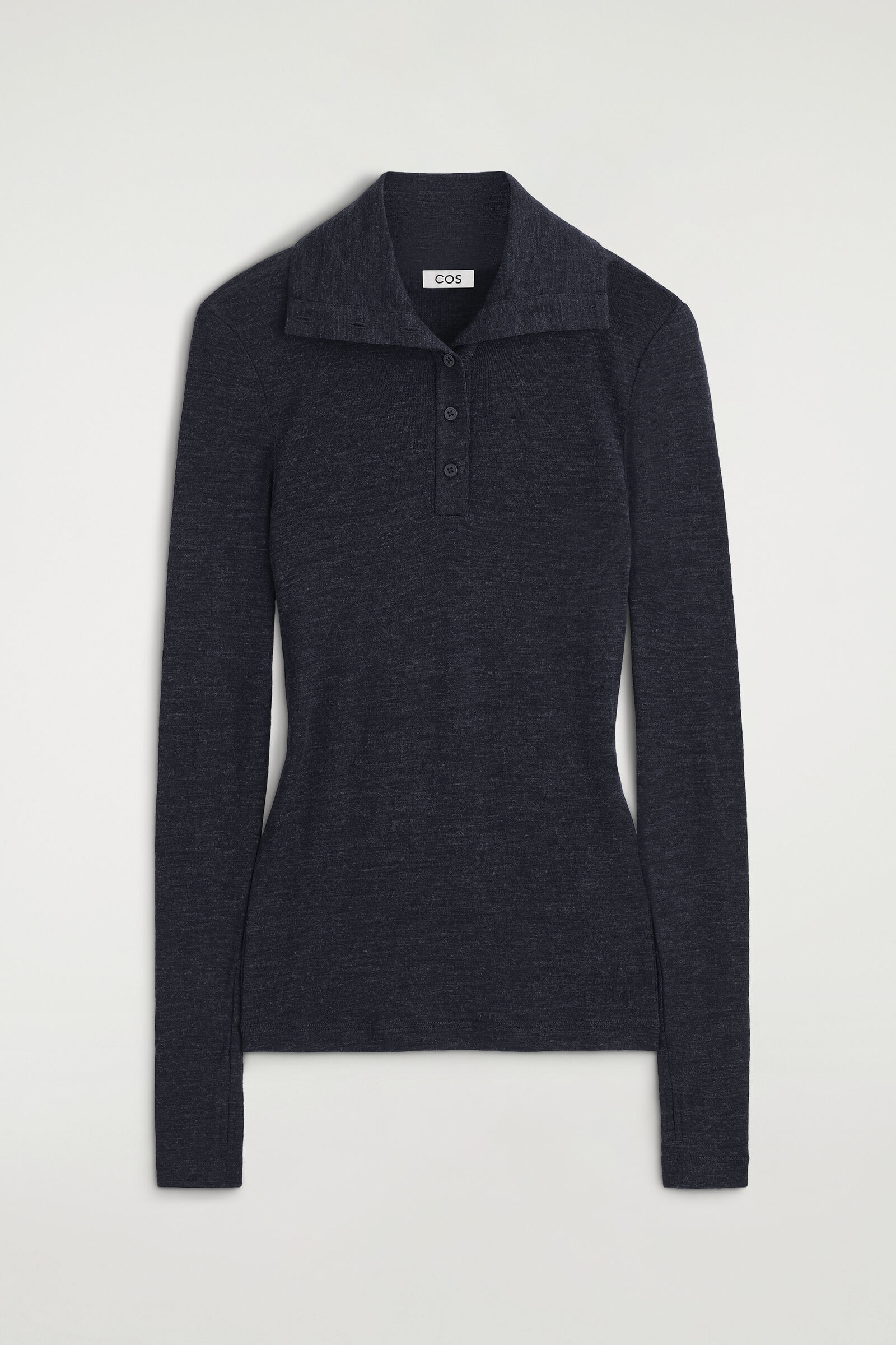 MERINO WOOL BUTTONED FUNNEL-NECK TOPCHARCOAL MÉLANGE