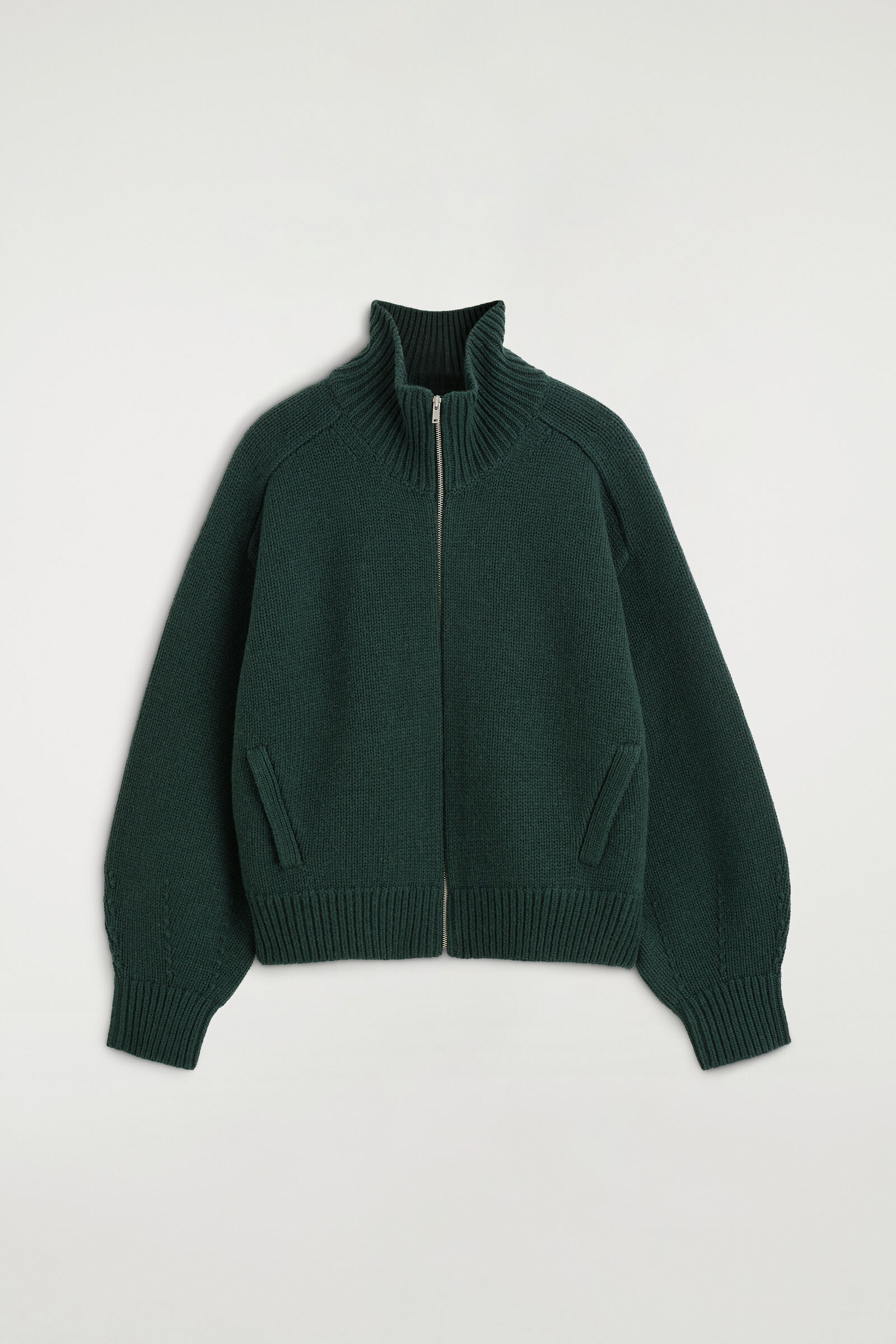 ROUNDED WOOL FUNNEL-NECK ZIP-UP JACKETDARK GREEN