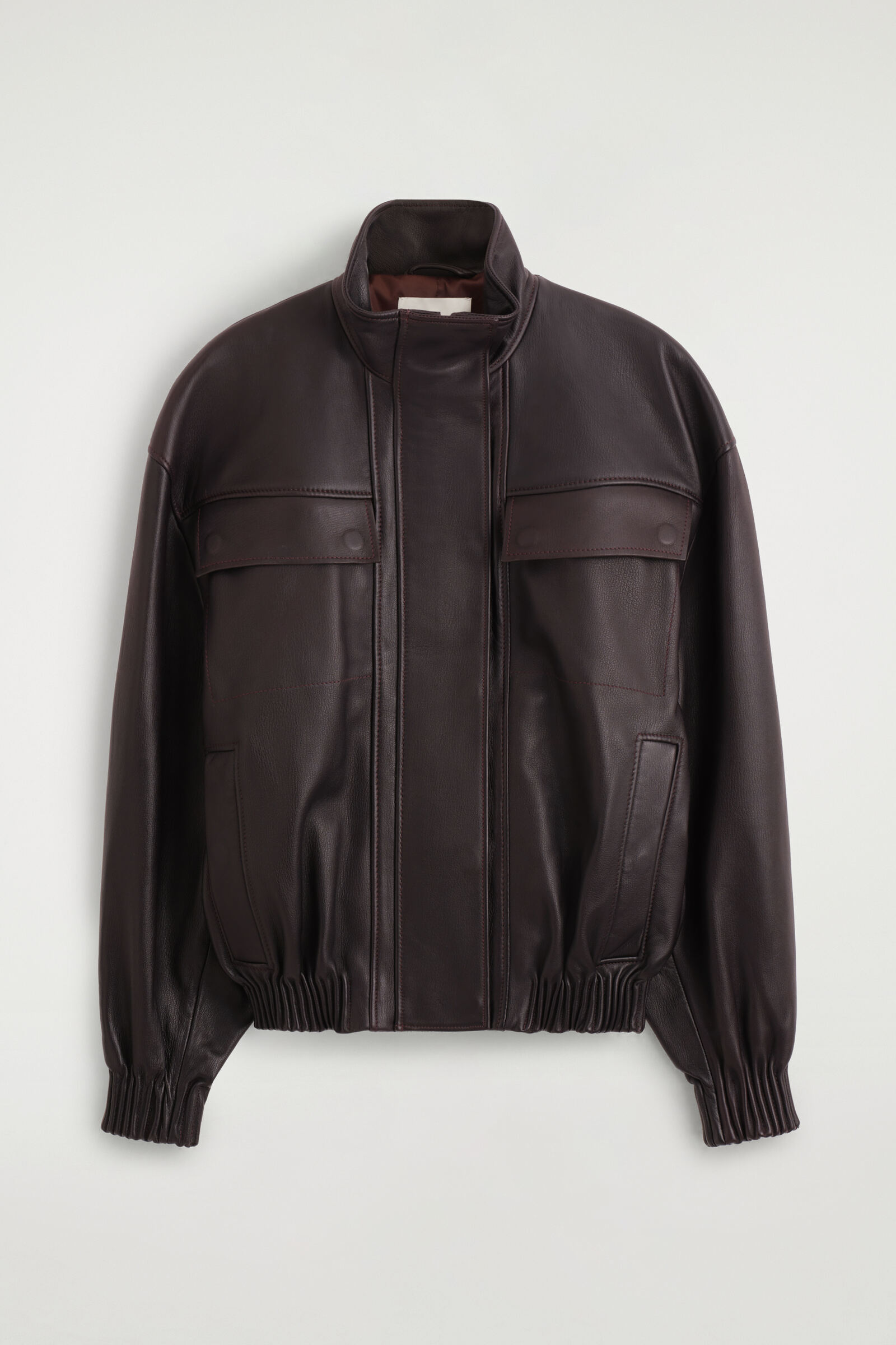 LEATHER FUNNEL-NECK BOMBER JACKETDARK BROWN