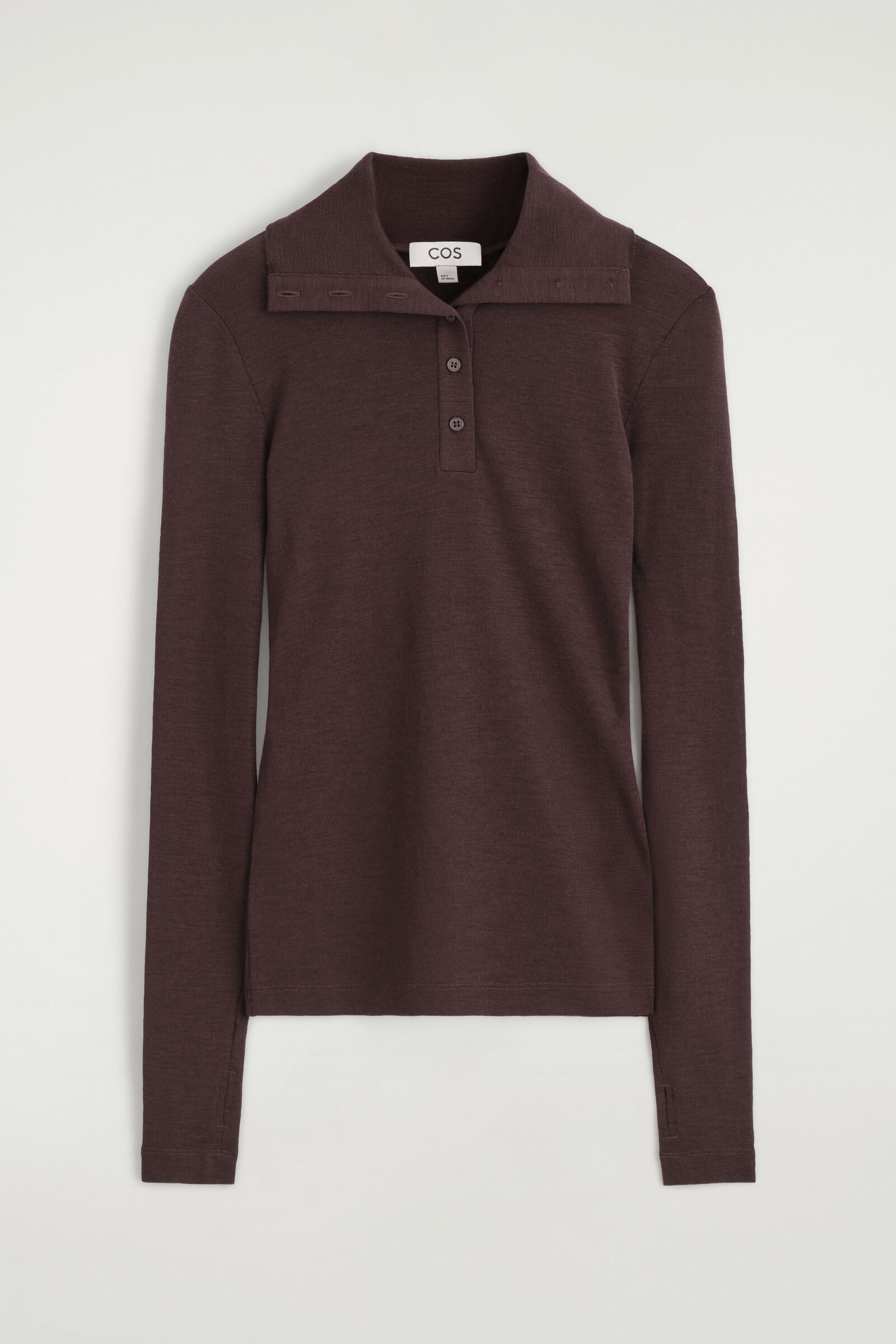 MERINO WOOL BUTTONED FUNNEL-NECK TOPBURGUNDY