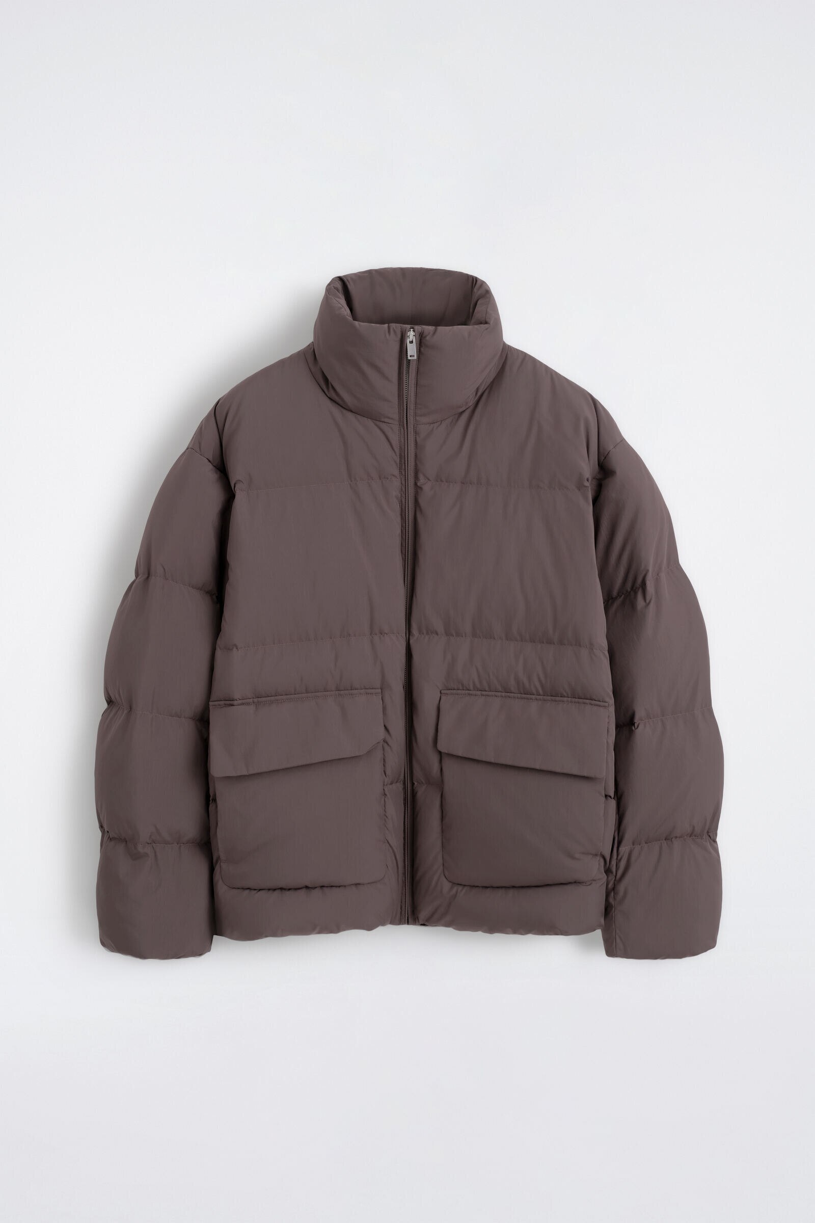 FUNNEL-NECK NYLON DOWN PUFFER JACKETGREY-BROWN