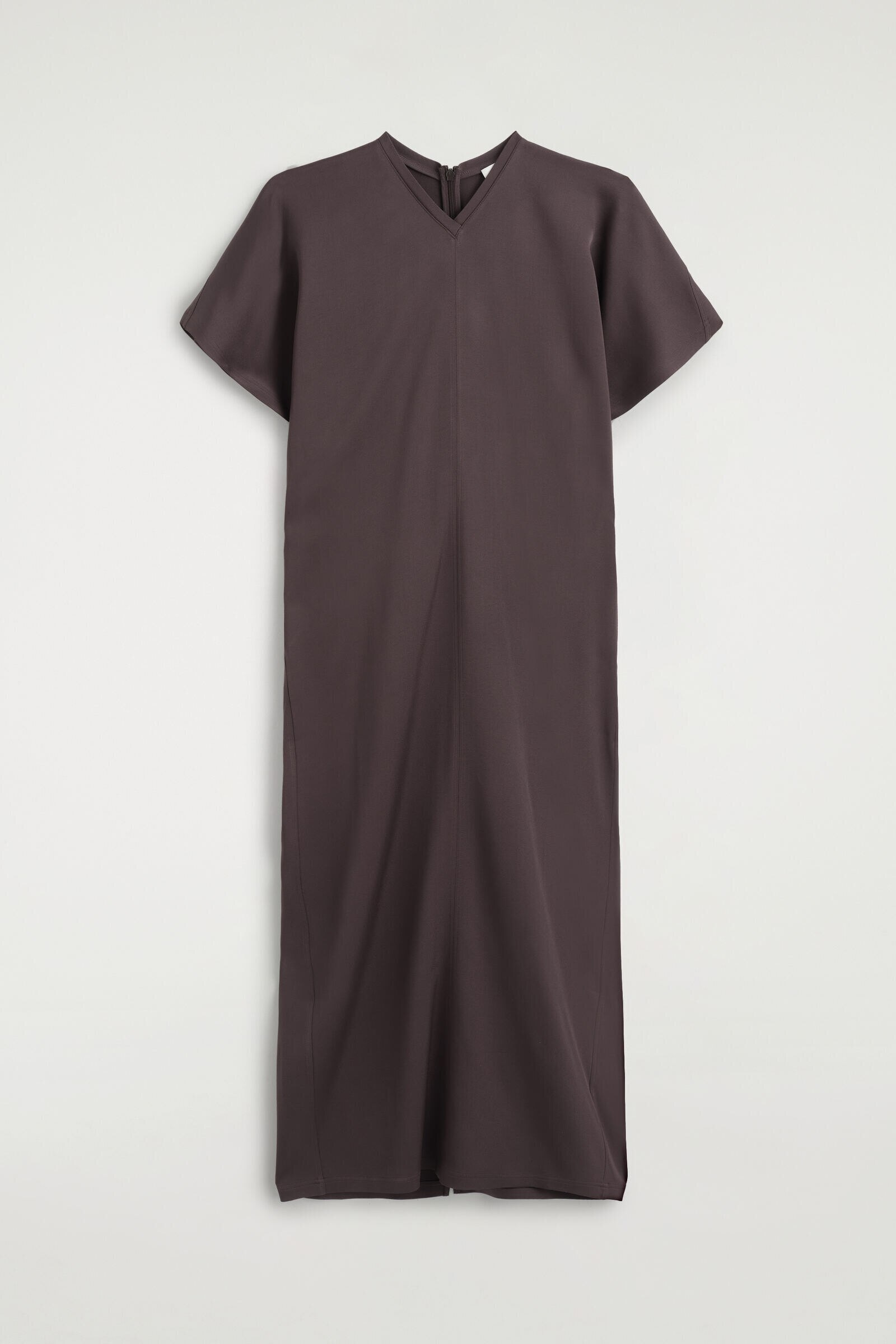 DRAPED V-NECK CREPE MIDI DRESSBROWN