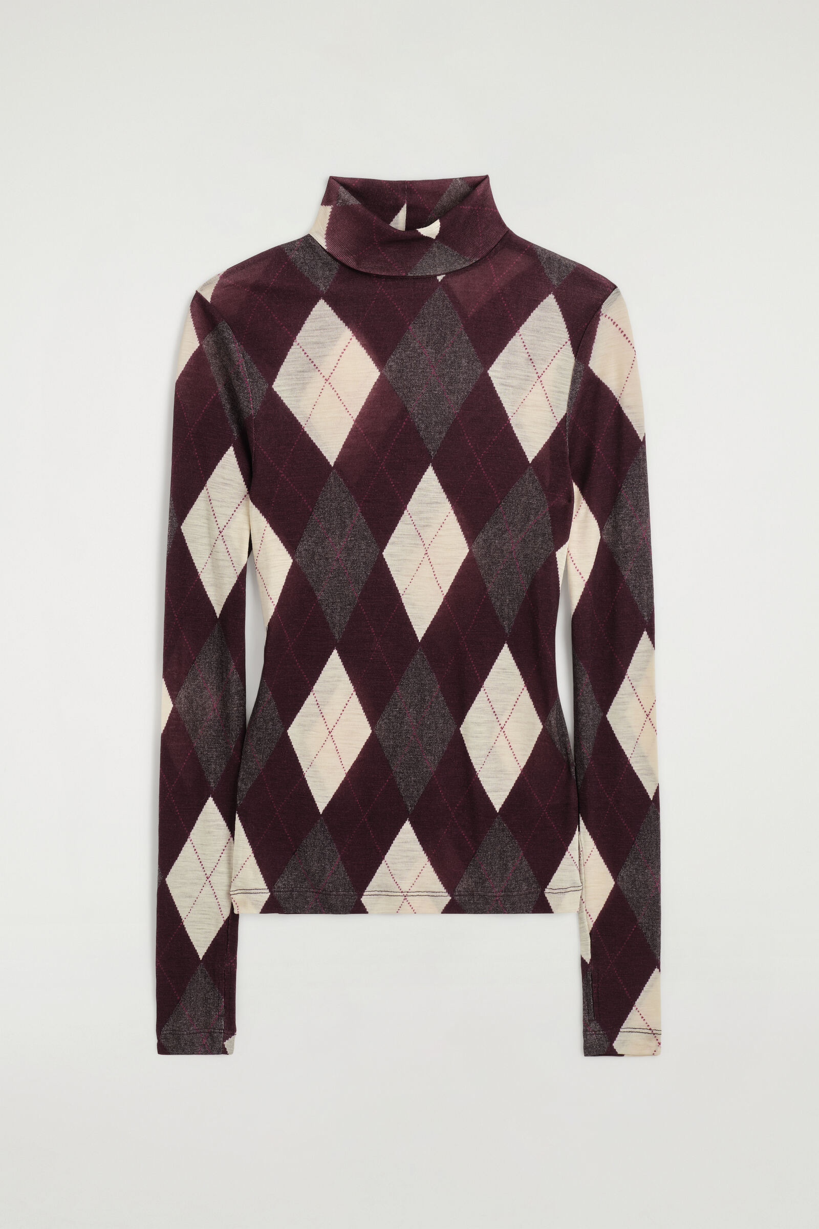 MERINO WOOL HIGH-NECK TOPBROWN / GREY / ARGYLE
