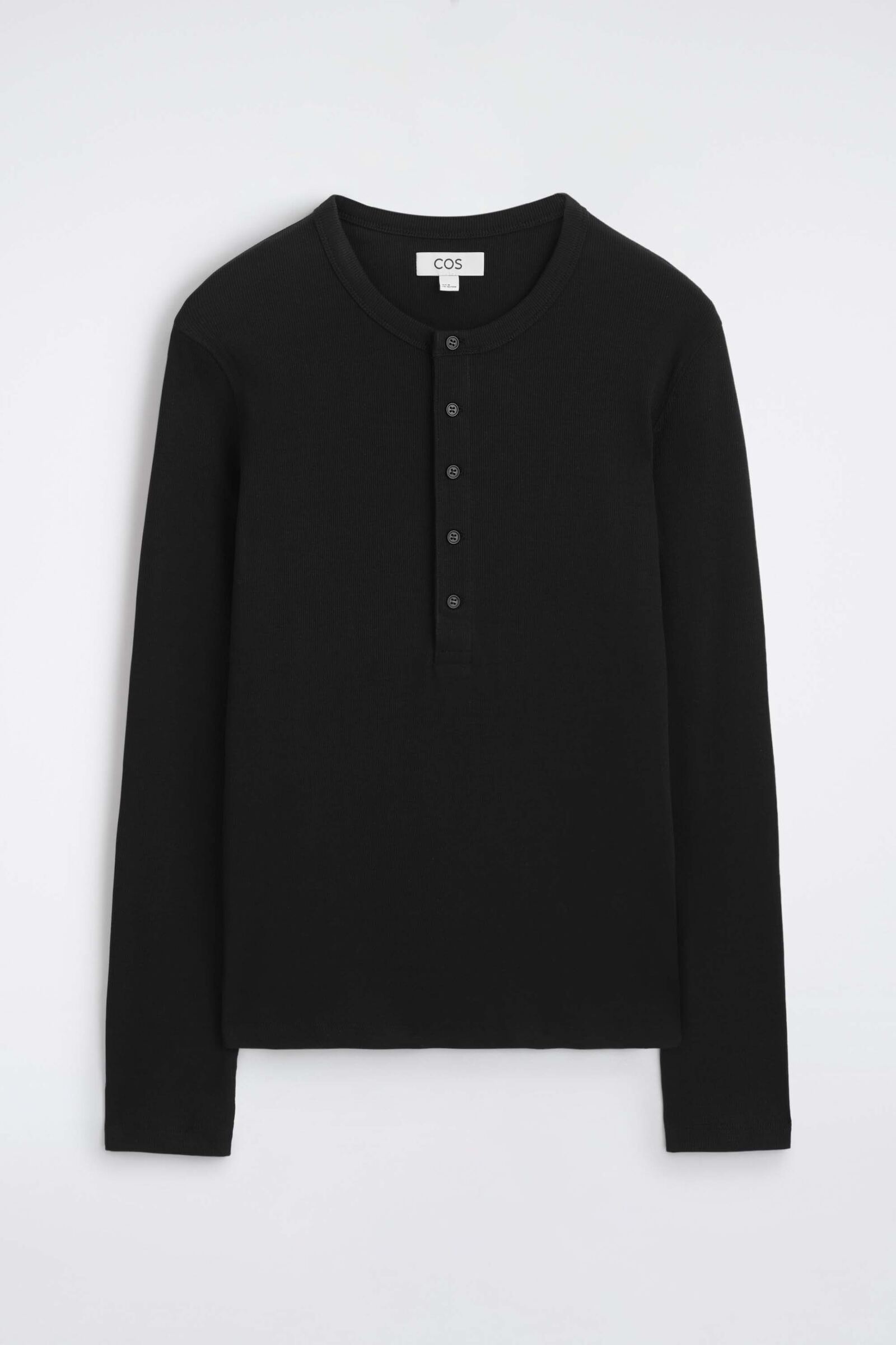 SLIM RIBBED COTTON LONG-SLEEVED HENLEY T-SHIRTBLACK