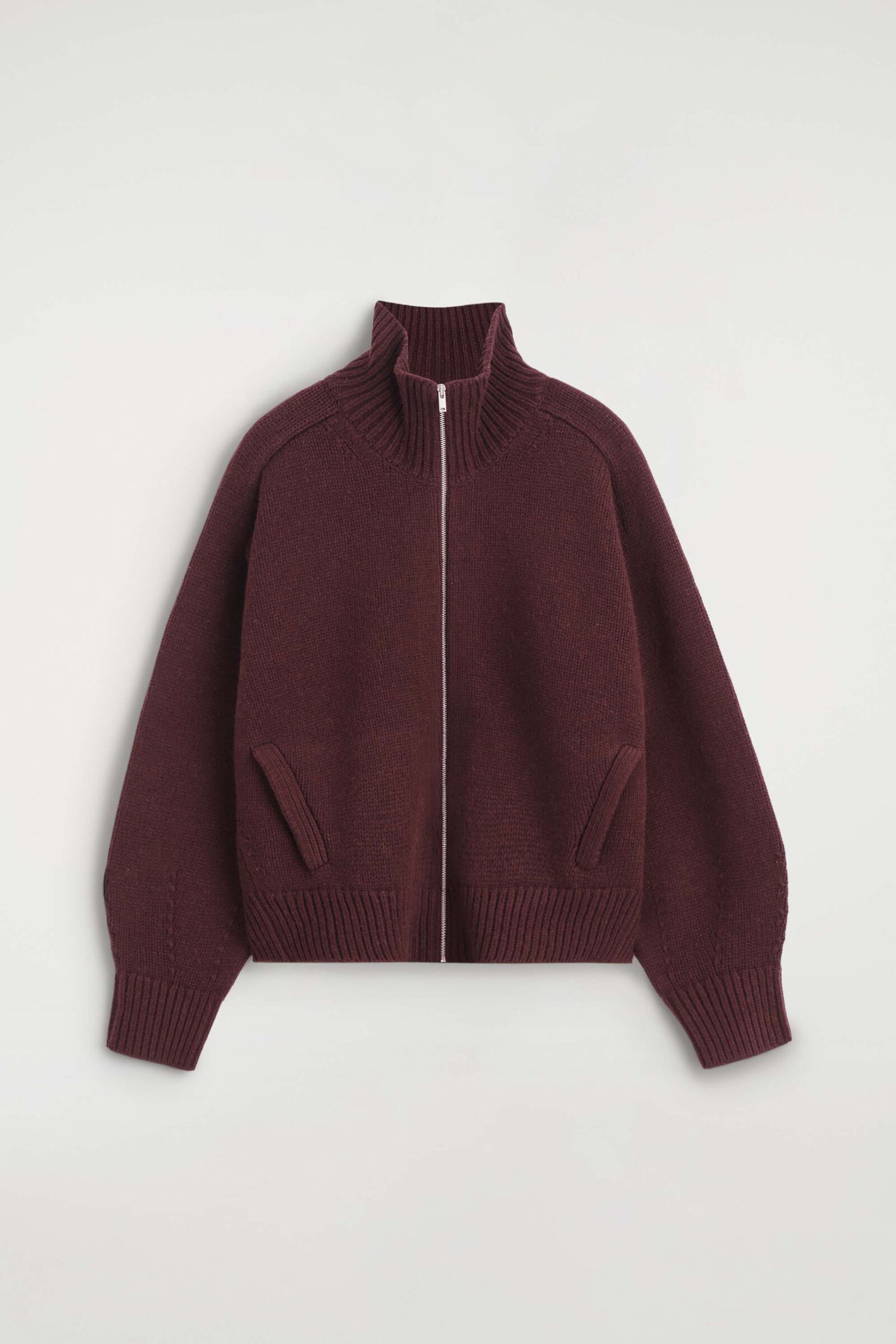 ROUNDED WOOL FUNNEL-NECK ZIP-UP JACKETBURGUNDY