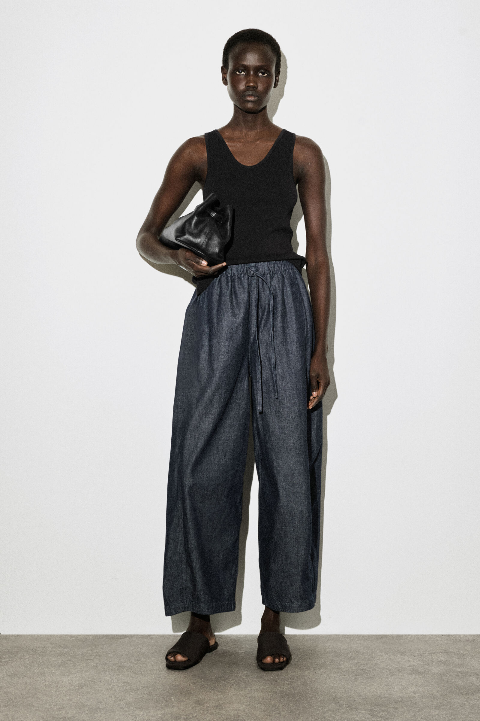 BARREL-LEG DENIM DRAWSTRING TROUSERSDARK BLUE
